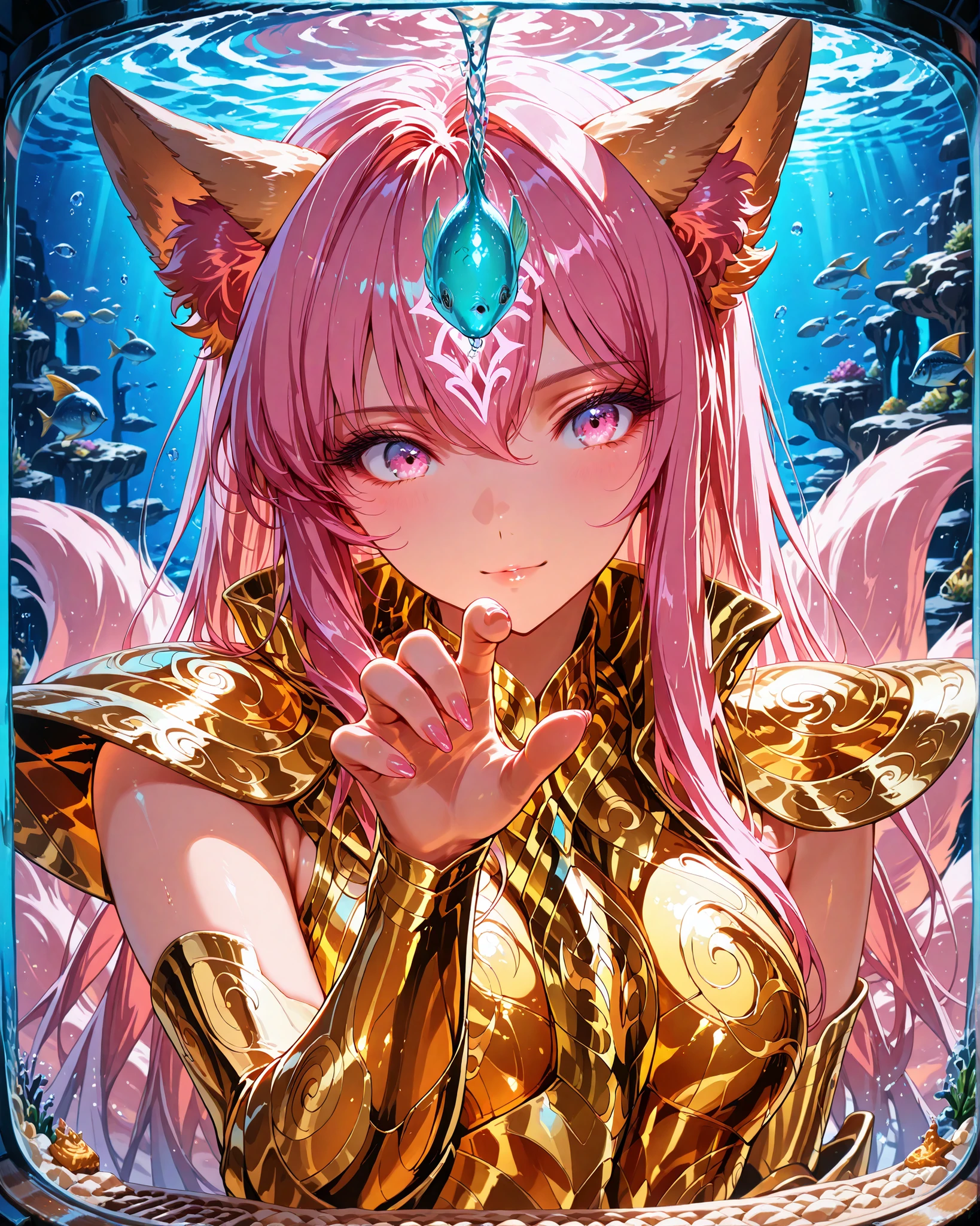 front angle, close-up, (masterpiece, 4k, ultra detailed, vivid and vibrant colors), {1woman}: (a beautiful and attractive woman, long pink hair, pink eyes, fluffy pink fox ears and tails, wears golden armor inspired by the anime Saint Seiya, but in a very revealing and sexy way, a round aquarium, she in the background, mischievous expression, trying to catch the fish inside the aquarium with one hand), a beautiful atmosphere referencing the zodiac sign, perfect lighting creating shadows