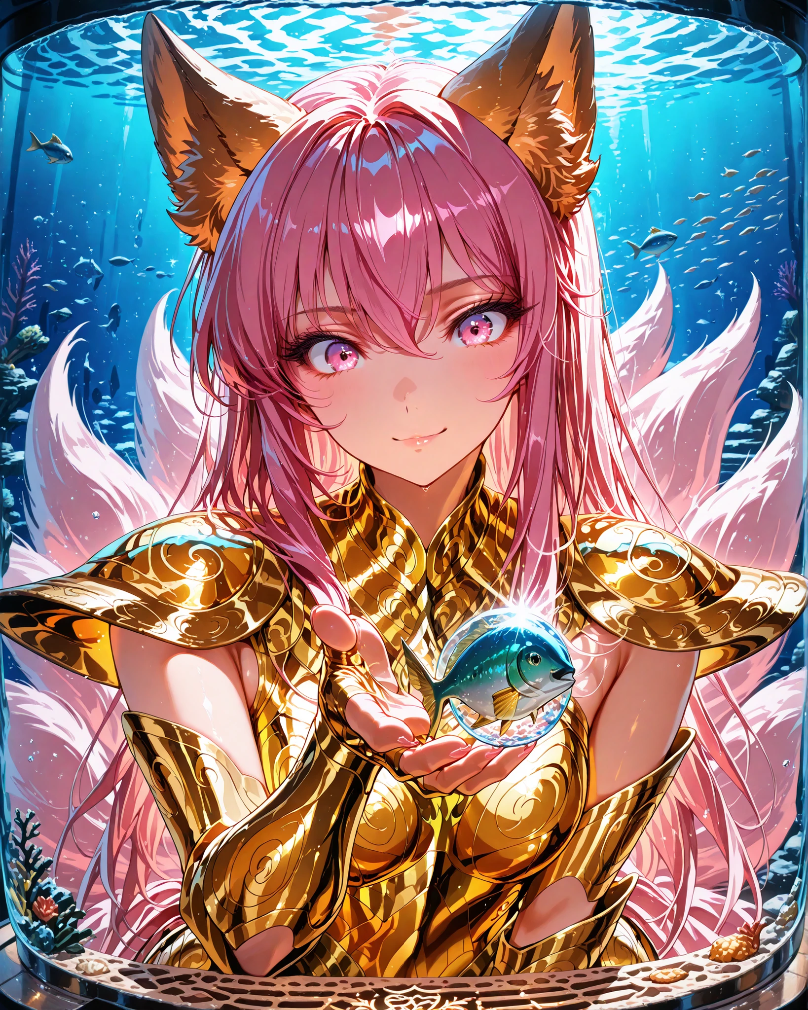 front angle, close-up, (masterpiece, 4k, ultra detailed, vivid and vibrant colors), {1woman}: (a beautiful and attractive woman, long pink hair, pink eyes, fluffy pink fox ears and tails, wears golden armor inspired by the anime Saint Seiya, but in a very revealing and sexy way, a small round aquarium, she in the background of the image, mischievous expression, trying to catch the fish inside the aquarium with one hand), a beautiful atmosphere referencing the zodiac sign, perfect lighting creating shadows