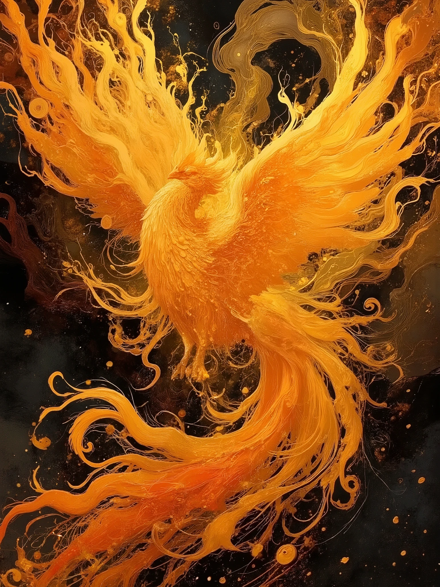 Ancient mythology style、God engulfed in golden flames々Phoenix arising in flame rough and abstract like living flame layered like leaves in dmai style yellow, orange red、The moment it flies with its flaming wings spread wide、makes you feel vitality in a majestic atmosphere、There is a pile of ash underfoot、Dynamic composition with a full body up、had a dark background、emphasizes a fantasy atmosphere、 beautiful and delicate depiction 、Artistic Perfection、masterpiece, best quality, amazing quality, 
