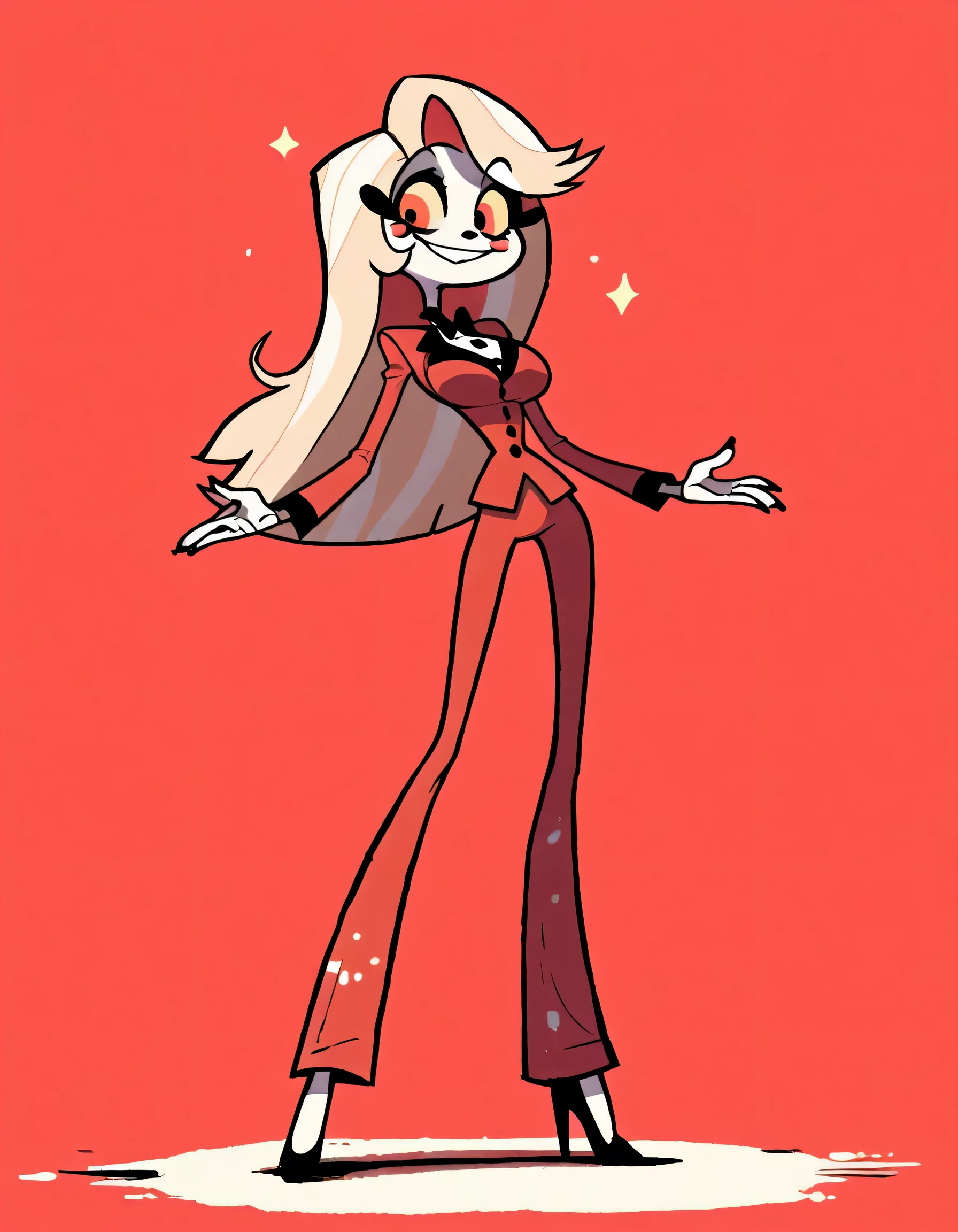 masterpiece, ultra-HD, impressionism, high detail, best quality, very aesthetic, 8k, best quality, beautiful, tmchng , Charlie Morningstar (hazbin hotel) solo , skinny boy , Red Suit , long pants , tight clothes , flared pants , pure skin , red eyes, black nails, long hair , yellow sclera , big , smile , shooting stance , open arms , , long legs , full body