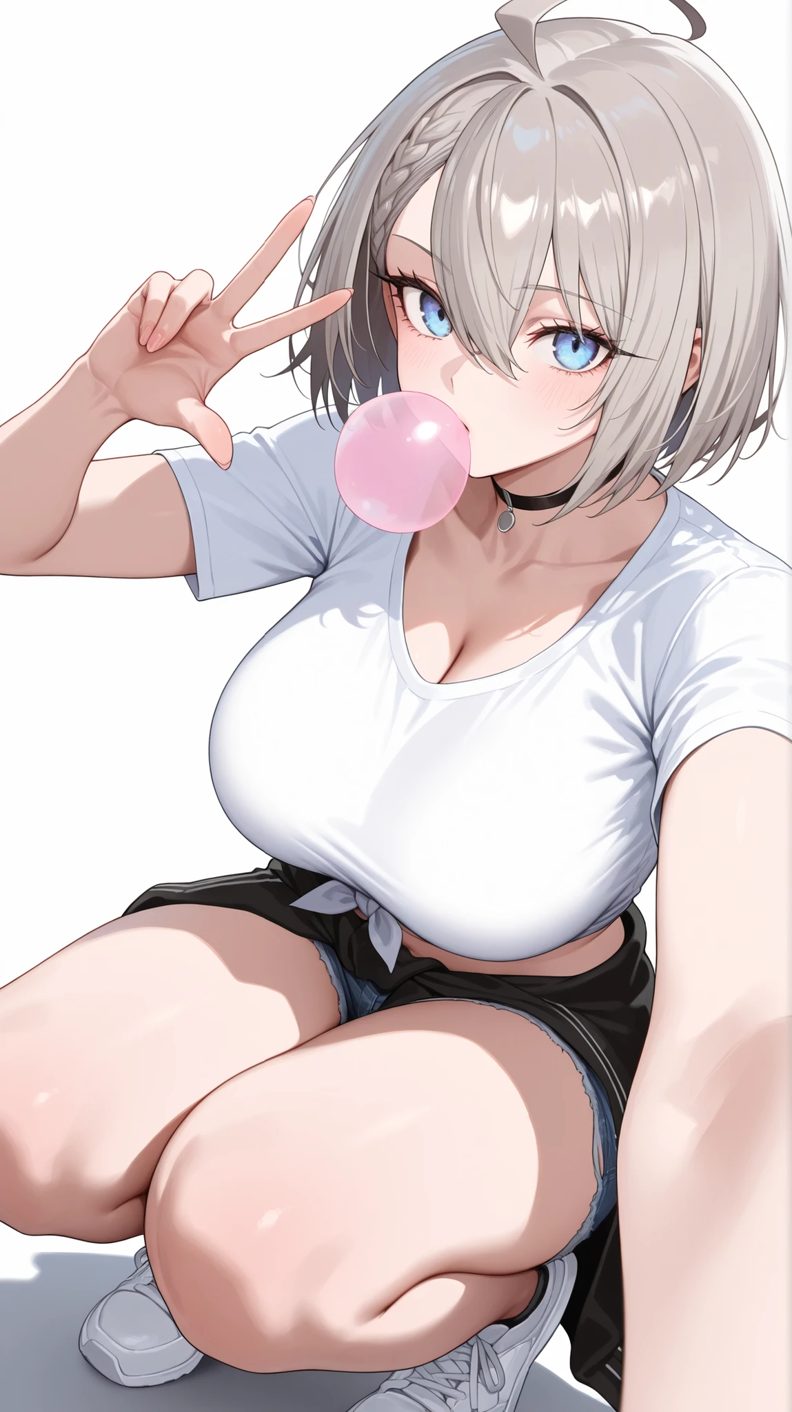 1girl, solo, anime girl, elegant, badass, baltimore, masterpiece, very aesthetic, grey hair, ahoge, short hair, french braid, hair between eyes, bob cut, light blue eyes, sharp eye outlines, long eyelashes, big breasts, midriff, curvy body, white shirt, tied shirt, short sleeve, denim booty shorts, white shoes, black jacket around waist, black choker, blowing bubble gum, bubble gum, squatting, looking at viewer, selfie pose, dynamic angle, white background, simple background, soft skin, volume light, depth of field, high detail, highres, ultra-detailed, detailed face, (detailed eyes), (perfect eyes), perfect composition, intricate details, detailed and polished anime style, (detailed hand), (perfect hand), (anatomically correct hand), 4K, 8K