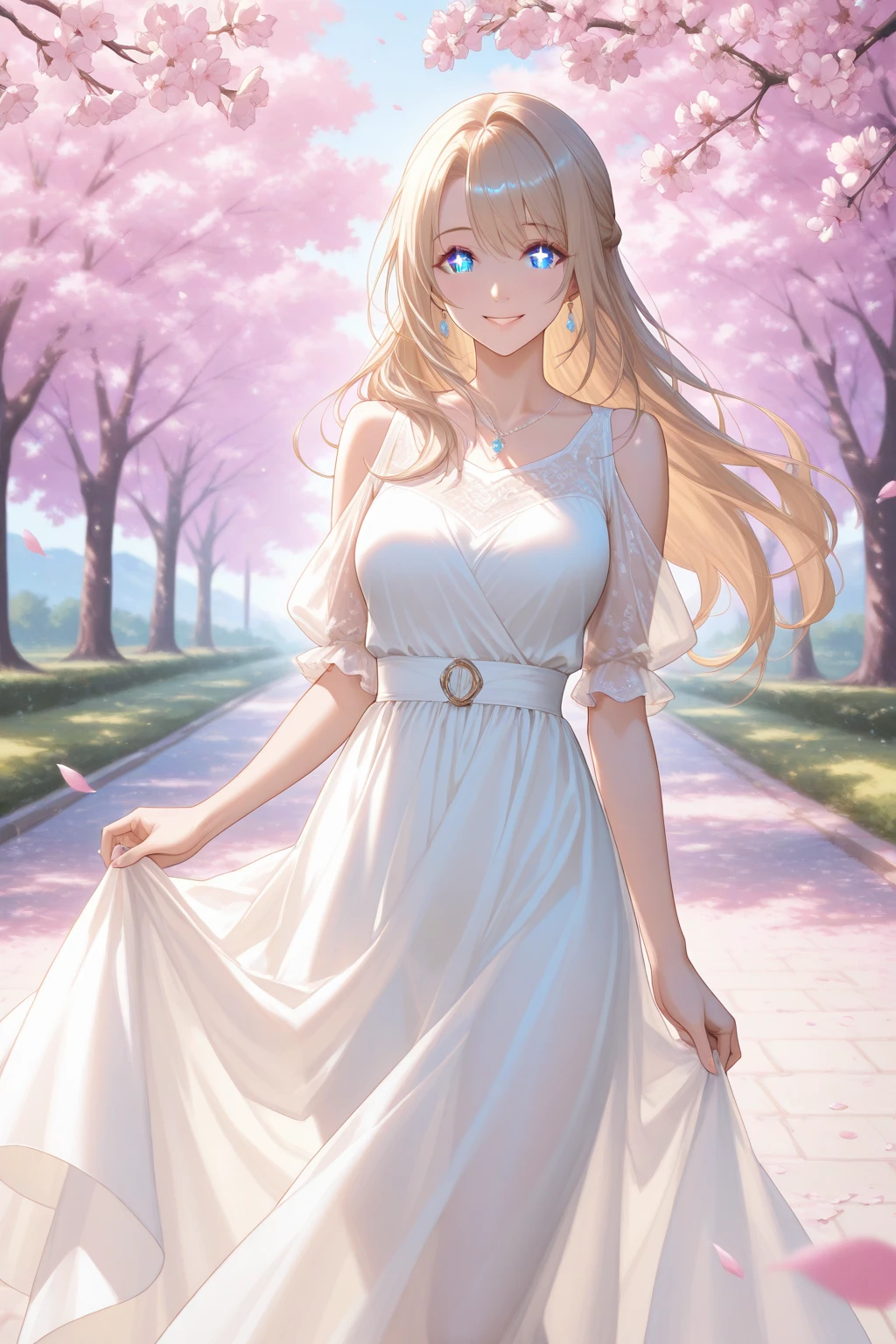 score_9, score_8_up, score_7_up,
masterpiece, best quality, detailed, amazing quality,
detailed background, meadow, flowers,
detailed eyes, clean eyes,
dynamic pose, looking back at viewer,
solo, 1girl, woman, long hair, green eyes, blonde hair, open mouth, smiling,
twirl_spin, holding dress, spinning, dancing, happy, easynegative,