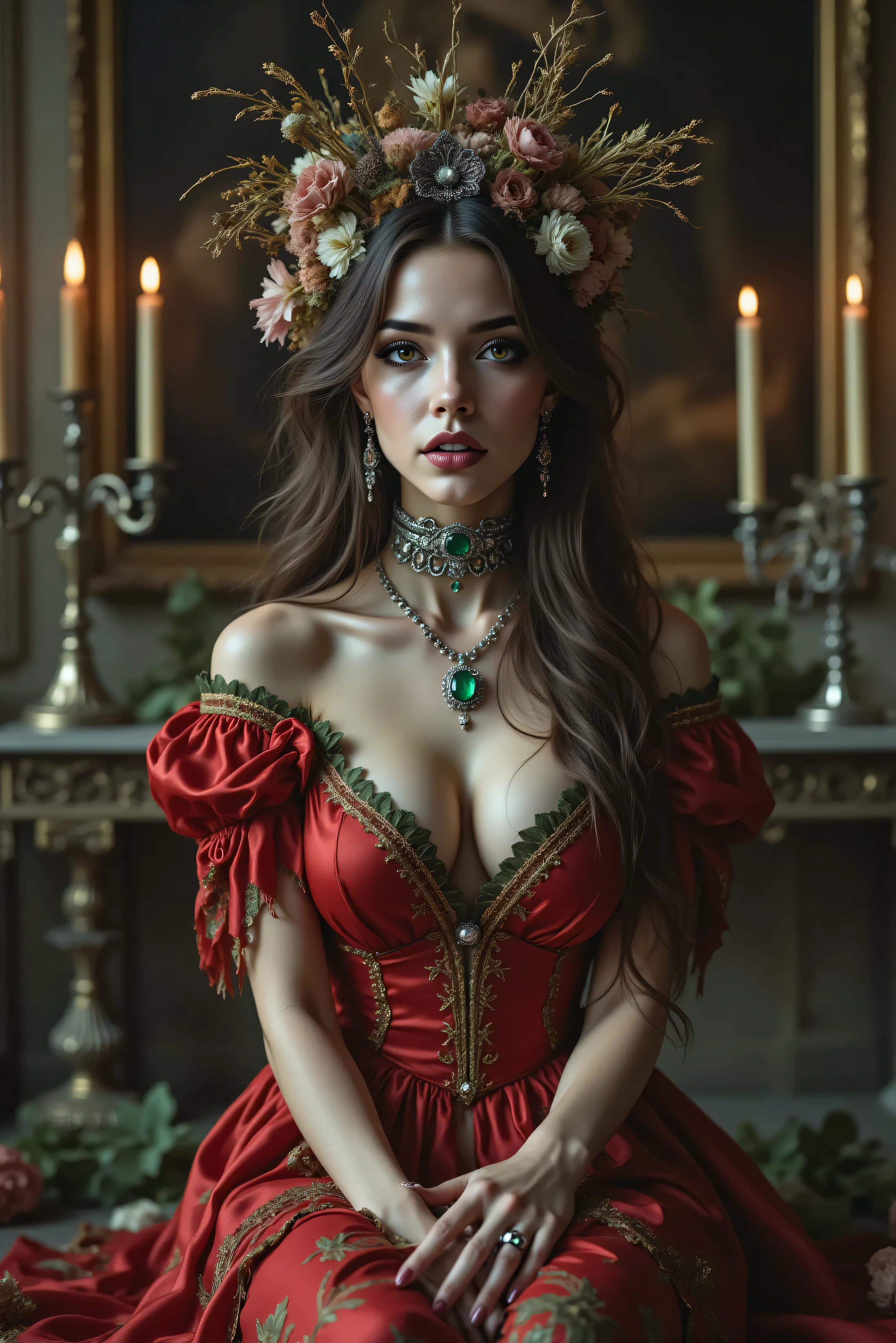 A gothic style ultra-realistic, photo-realistic, documentary style raw photography, icon style, iconic characters, 8k, cinematic lighting and shadows, cinematic portrait, cinematic photography, realistic, a hyper-realistic female gothic with an intricate and skeletal face and body creates a dramatic and surreal impression. Her skin is pale, almost ghostly, stretching over her boney body, while her large bust is very noticeable and partially visible to emphasize the rest of her skeletal frame. The candle lighting highlights the porcelain-like texture of the skin, which is adorned with a series of elegant intricately carved silver antique ornaments around her neck and wrists and fingers. Her red silk attire, embroidered in ornate golden trim around the edges, contrasts sickly against the pale skin, adding a pop of color and enhancing the eerie mood. Wisps of hair cascade in waves, adding softness to the overall angular and macabre composition. The atmosphere is one of haunting elegance, with a somber undertone that blends elements of dark fantasy and the grotesque. She has an allure and a hypersenual attractiveness mixed with a macabre and spooky nature with her classic red silk dress is stuffed with dried flowers and brittle stems looking like they were stuffed in there fresh and slowly dried over time. 8k,highly detailed digital art, woman overflowing with flowers, human flora, highly detailed art, detailed dark fantasy art, floral/gothic skeletal madness, detailed gothic art, highly detailed fantasy art, psychedelic organic fantastical portrait, an ultra-attractive, ultra-spooky female sits surrounded by dozens of old drie flowers in vases and dozens of lit candles. The woman's form is a complex, mesmerizing combination of ivory porcelain skin intertwined with her dried botanical motifs. Her head is adorned with an elaborate headdress of silver metal and emeralds exploding into dried brittle foliage, creating an otherworldly crown. Large, wide-set green eyes and a skeletal grin give the face a haunting yet whimsical expression. Darkened dehydrated flowers and ornaments are embedded in the body, adding an enchanting feel to the serene, almost dreamlike ambiance. The scene captures an exquisite blend of nature and madness in a symphony of artistic imagination, evoking themes of transformation and the merging of humans and vampires in the old world. N A woman sits amidst the solemn grandeur of a candle lit room, her presence accentuated by an elaborate red silk gown. The dress is richly adorned with intricate details and deep green frills, drawing the eye with her large bust and the luxurious background. Her dark, very long flowing hair cascades over her shoulders coming to an end at the bottom of her back. Large oil paintings hung on the wall of long deceased family members complementing the dramatic ambiance. She has an expensive luxurious emerald set in silver jewelry matching her attire, adding a touch of elegance and mystery. Surrounding her are dark slime green candlesticks inside of antique silver candlesticks, their glowing flames casting a warm, flickering light that dances over the stone textures and arched architecture of the Victorian home. The gothic atmosphere is filled with shadows and depth, enhanced by the stones and the dead flowers around her, evoking a somber, introspective mood. The interplay of light and shadow is captured beautifully, creating an evocative and intriguing tableau. A striking look in her eyes adds an icy edge to her dramatic and surreal impression. Candle light and the moody atmosphere of the home is one of haunting spookiness with a very somber undertone that blends elements of melancholic dark fantasy with a dry decayed elegance. Realistic and macabre, highest quality, UHDR, high-res, attention to facial features and textures, a masterpiece.