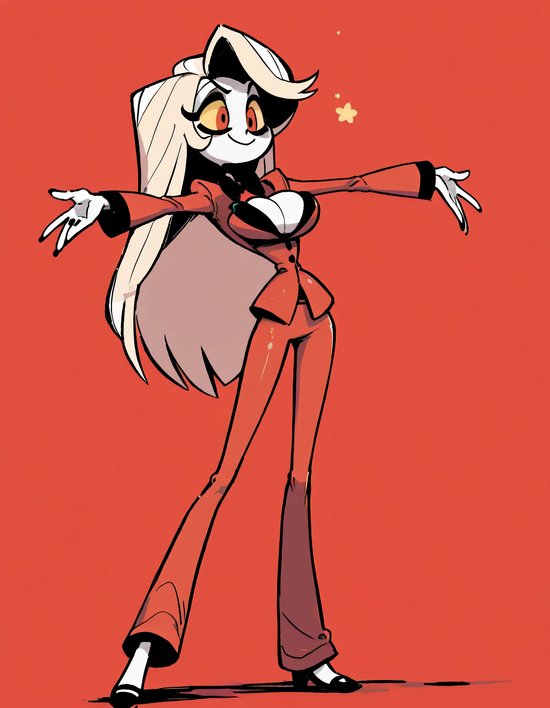 masterpiece, ultra-HD, impressionism, high detail, best quality, very aesthetic, 8k, best quality, beautiful, tmchng , Charlie Morningstar (hazbin hotel) solo , skinny boy , Red Suit , long pants , tight clothes , flared pants , pure skin , red eyes, black nails, long hair , yellow sclera , big , smile , shooting stance , open arms , , long legs , full body