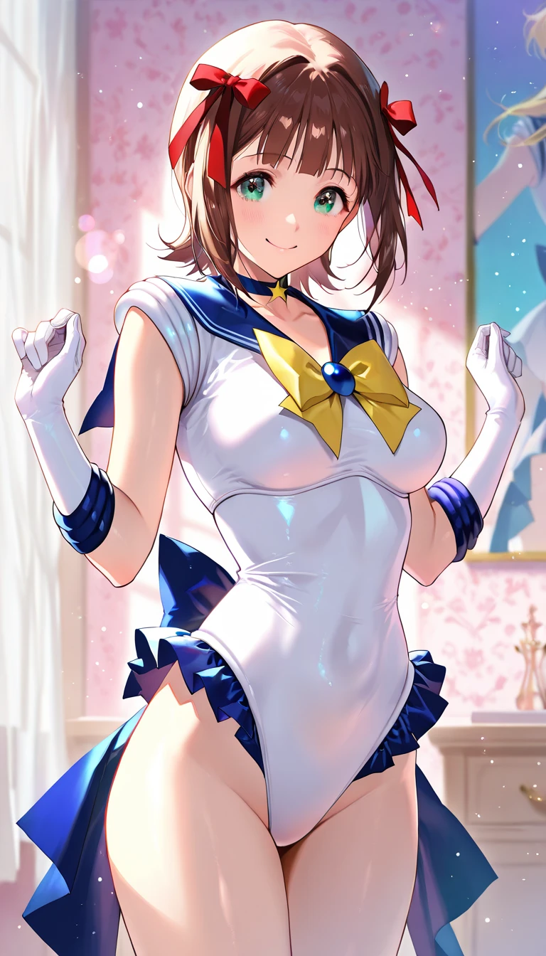 Realistic, hyper-detailed, 1 girl out navel, solo, sv1, sailor senshi uniform, (orange_micro mini_skirt:1.5),(peek from below:1.4),low ungle,back shot, elbow gloves, tiara, orange sailor collar, ????,????,(???????:1.5),(arms behind:1.8),dynamic lighting, (glossy skin, sweaty: 1.5), masterpiece, best quality, absurd , looking at the viewer, black hair, black-tearly-eyes, slender, japanese,20 years old, high resolution, sharp focus, depth of field, detailed eyes, sharp eyes, make up,eye highlights,pink-lip,red-cheek,lame under eyes,(blush,frown:1.8),realistic eyes, (??????????????,natural pointy ????: 1.5), (thick thighs :1.0), indoor,(dark_room:1.3), (????????:1.2)