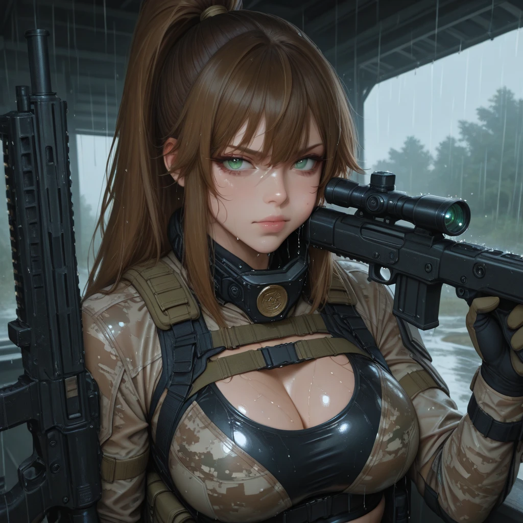 masterpiece, highest quality, ultra high resolution, ultra high resolution, Raw photo, very detailed, Beautiful eyes in every detail, anatomically correct, healthy skin, realistic, realistic, award winning photography, Depth of written boundary, movie lighting, Natural light, 3 point lighting, key light, Backlight, from below, droopy eyes, long eyelashes, brown hair, thick bangs, curly, shiny hair, bright smile, 、double eyelid、plump ???????、O cupの????、???????????、???????????、double eyelid、plump ???????、O cup 、???????????、???????????のスターピース、super detailed photos、highest quality、超A high resolution、sharp focus、????? measurements))、、beautiful female soldier、delicate face、white skin、high detail skin、realistic details of skin、short-haired short-haired cat、camo cap、combat equipment、black undershirt、Army long sleeve camouflage uniform、camouflage pants、combat gloves、rucksack、Detailed depiction of face and ?????、Detailed depiction of hands、battle pose、dynamic action、looking at the viewer,空港のRunway、blue sky、White cloud、blue sky、Runway、O cupの????、show your ?????、Has a submachine gun、upper body ????