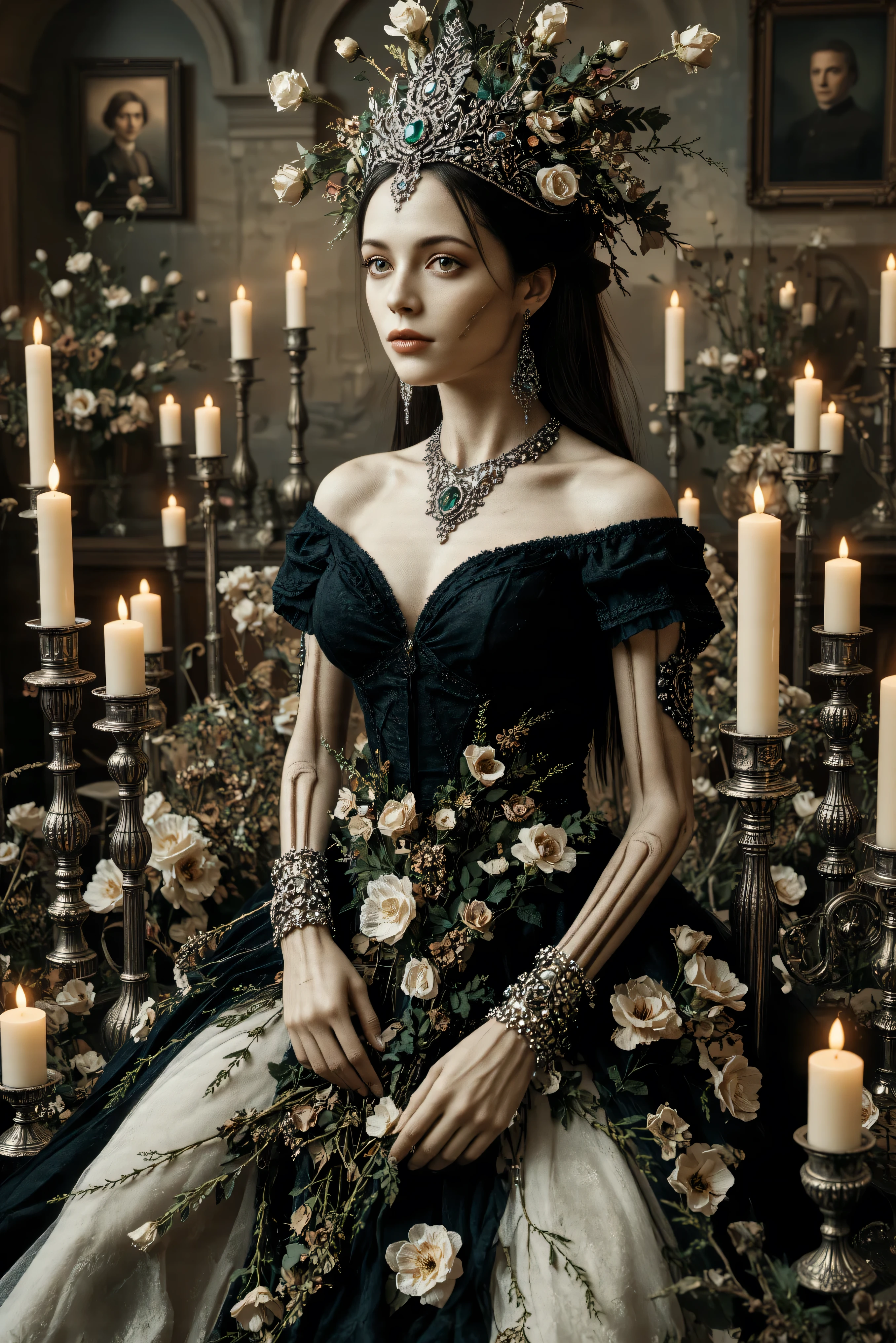 An ultra-realistic, photo-realistic, documentary style raw photography, icon style, iconic characters, 8k, cinematic lighting and shadows, cinematic portrait, cinematic photography, realistic, a hyper-realistic female gothic with an intricate and skeletal face and body creates a dramatic and surreal impression. Her skin is pale, almost ghostly, stretching over her boney body, while her large bust is very noticable and partially visible to emphasize the rest of her skeletal frame. The candle lighting highlights the porcelain-like texture of the skin, which is adorned with a series of elegant intricately carved silver antique ornaments around her neck and wrists and fingers. Her black and deep green attire, embroidered in ornate golden trim around the edges, contrasts sickly against the pale skin, adding a pop of color and enhancing the eerie mood. Wisps of hair cascade in waves, adding softness to the overall angular and macabre composition. The atmosphere is one of haunting elegance, with a somber undertone that blends elements of dark fantasy and the grotesque. She has an allure and a hypersenual attractiveness mixed with a macabre and spooky nature with her classic black and deep green dress stuffed with dried flowets and brittle stems looking like they were stuffed in there fresh and sloely dried over time. 4k,highly detailed digital art, woman overflowing with flowers, human flora, highly detailed art, detailed dark fantasy art, floral/gothic skeletal madness, detailed gothic art, highly detailed fantasy art, psychedelic organic fantastical portrait, an ultra-attractive, ultra-spooky female sits surrounded by dozens of old drie flowers in vases and dozens of lit candles. The woman's form is a complex, mesmerizing combination of ivory porcelain skin intertwined with her dried botanical motifs. Her head is adorned with an elaborate headdress of silver metal and emeralds exploding into dried brittle foliage, creating an otherworldly crown. Large, wide-set green eyes and a skeletal grin give the face a haunting yet whimsical expression. Darkened dehydraded flowers and ornaments are embedded in the body, adding an enchanting feel to the serene, almost dreamlike ambiance. The scene captures an exquisite blend of nature and madness in a symphony of artistic imagination, evoking themes of transformation and the merging of humans snd vamires im the old world. N A woman sits amidst the solemn grandeur of a candle lit room, her presence accentuated by an elaborate black and green gown. The dress is richly adorned with intricate details and deep green frills, drawing the eye with her large bust and the luxorious background. Her dark, very long flowing hair cascades over her shoulders coming to an end at the bottom of her back. Large oil paintings hung on the wall of long deceased family members complementing the dramatic ambiance. She has expensive luxurious emerald set in silver jewelry matching her attire, adding a touch of elegance and mystery. Surrounding her are dark slime green candlesticks inside of antique silver candlesticks, their glowing flames casting a warm, flickering light that dances over the stone textures and arched architecture of the Victorian home. The gothic atmosphere is filled with shadows and depth, enhanced by the stones and the dead flowers around her, evoking a somber, introspective mood. The interplay of light and shadow is captured beautifully, creating an evocative and intriguing tableau. A striking look in her eyes adds an icy edge to her dramatic and surreal impression. Candle light and the moody atmosphere of the home is one of haunting spookiness with a very somber undertone that blends elements of meloncholic dark fantasy with a dry decayed elegance. Realistic and macabre, highest quality, UHDR, high-res, attention to facial features and textures, a masterpiece.