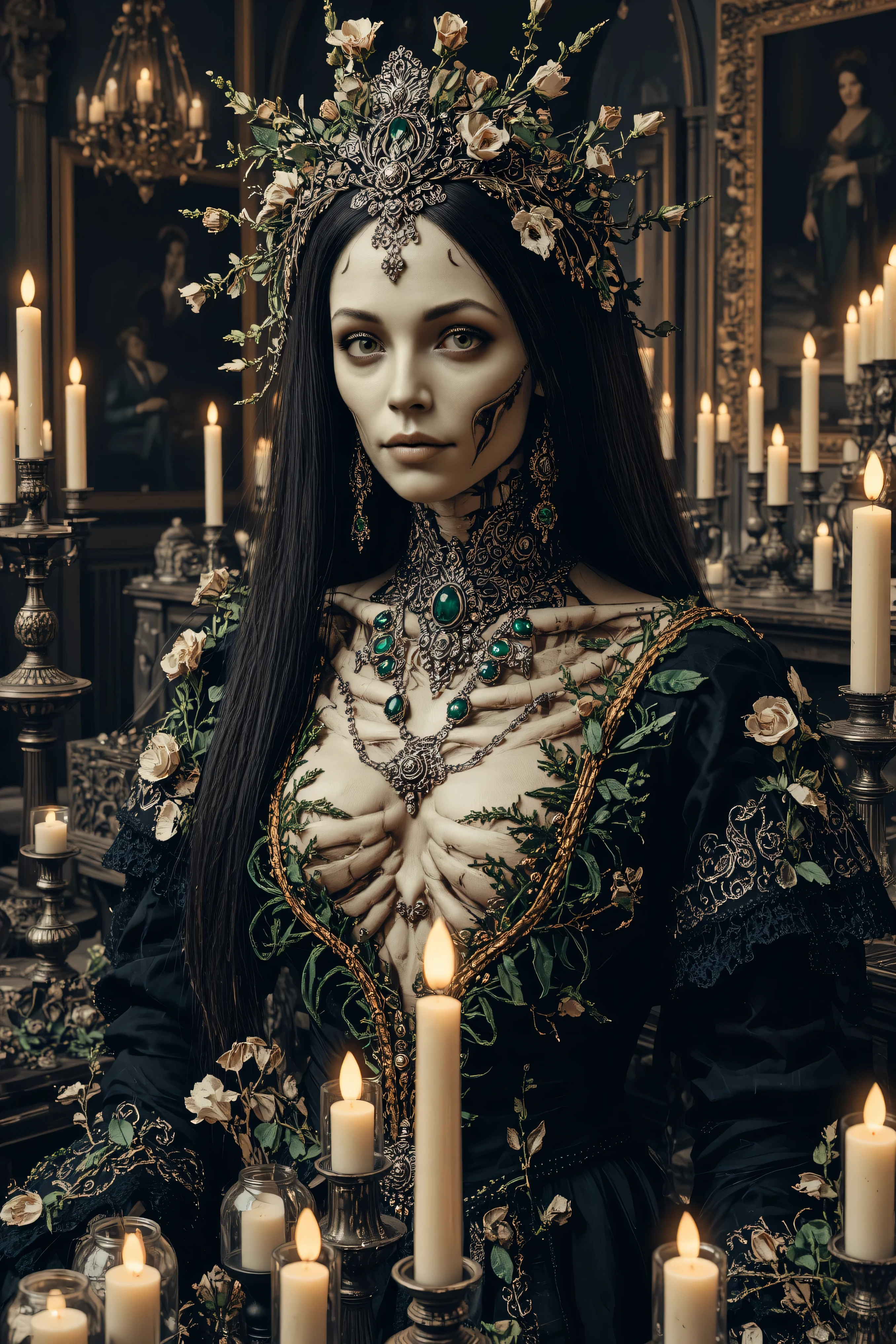 An ultra-realistic, photo-realistic, documentary style raw photography, icon style, iconic characters, 8k, cinematic lighting and shadows, cinematic portrait, cinematic photography, realistic, a hyper-realistic female gothic with an intricate and skeletal face and body creates a dramatic and surreal impression. Her skin is pale, almost ghostly, stretching over her boney body, while her large bust is very noticable and partially visible to emphasize the rest of her skeletal frame. The candle lighting highlights the porcelain-like texture of the skin, which is adorned with a series of elegant intricately carved silver antique ornaments around her neck and wrists and fingers. Her black and deep green attire, embroidered in ornate golden trim around the edges, contrasts sickly against the pale skin, adding a pop of color and enhancing the eerie mood. Wisps of hair cascade in waves, adding softness to the overall angular and macabre composition. The atmosphere is one of haunting elegance, with a somber undertone that blends elements of dark fantasy and the grotesque. She has an allure and a hypersenual attractiveness mixed with a macabre and spooky nature with her classic black and deep green dress stuffed with dried flowets and brittle stems looking like they were stuffed in there fresh and sloely dried over time. 4k,highly detailed digital art, woman overflowing with flowers, human flora, highly detailed art, detailed dark fantasy art, floral/gothic skeletal madness, detailed gothic art, highly detailed fantasy art, psychedelic organic fantastical portrait, an ultra-attractive, ultra-spooky female sits surrounded by dozens of old drie flowers in vases and dozens of lit candles. The woman's form is a complex, mesmerizing combination of ivory porcelain skin intertwined with her dried botanical motifs. Her head is adorned with an elaborate headdress of silver metal and emeralds exploding into dried brittle foliage, creating an otherworldly crown. Large, wide-set green eyes and a skeletal grin give the face a haunting yet whimsical expression. Darkened dehydraded flowers and ornaments are embedded in the body, adding an enchanting feel to the serene, almost dreamlike ambiance. The scene captures an exquisite blend of nature and madness in a symphony of artistic imagination, evoking themes of transformation and the merging of humans snd vamires im the old world. N A woman sits amidst the solemn grandeur of a candle lit room, her presence accentuated by an elaborate black and green gown. The dress is richly adorned with intricate details and deep green frills, drawing the eye with her large bust and the luxorious background. Her dark, very long flowing hair cascades over her shoulders coming to an end at the bottom of her back. Large oil paintings hung on the wall of long deceased family members complementing the dramatic ambiance. She has expensive luxurious emerald set in silver jewelry matching her attire, adding a touch of elegance and mystery. Surrounding her are dark slime green candlesticks inside of antique silver candlesticks, their glowing flames casting a warm, flickering light that dances over the stone textures and arched architecture of the Victorian home. The gothic atmosphere is filled with shadows and depth, enhanced by the stones and the dead flowers around her, evoking a somber, introspective mood. The interplay of light and shadow is captured beautifully, creating an evocative and intriguing tableau. A striking look in her eyes adds an icy edge to her dramatic and surreal impression. Candle light and the moody atmosphere of the home is one of haunting spookiness with a very somber undertone that blends elements of meloncholic dark fantasy with a dry decayed elegance. Realistic and macabre, highest quality, UHDR, high-res, attention to facial features and textures, a masterpiece.