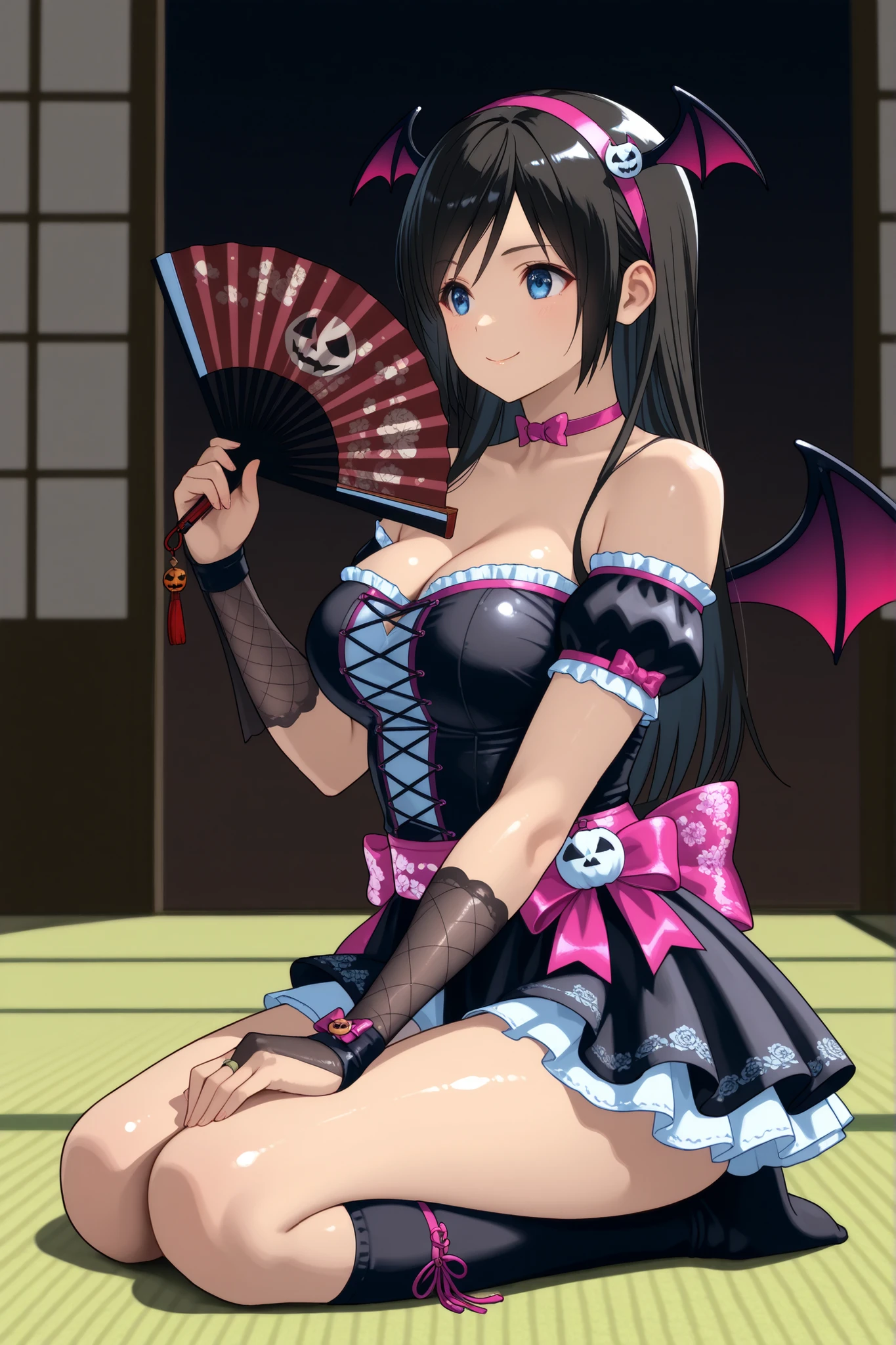 , ,perfect anatomy,masterpiece, Highest Quality, very aesthetic, Ridiculous, (Pyromyz (artist):0.4),,,1girl, kokoro (doa),kokorohalloween, black dress, hair orgment,a pair of devil wings on headband,,, two Pink ribbon accessories at the both side of waist,,off-shoulder,(,a pair of devil wings on the head:1.4), , large breast,,,,,,,black hair, long hair,slender,beautiful blue eyes,,, , Very beautiful thighs ,very Beautiful legs, ,,,,sitting on the floor,seiza,,,,legs together,socks,hands on knees,,holding a Folding fan on one hand,open the fan,spreading fan,,,raising one hand up,cleavage,,,,,smile,,,japanese-style room,tatami,shoji,,,,,view from side,upper body
