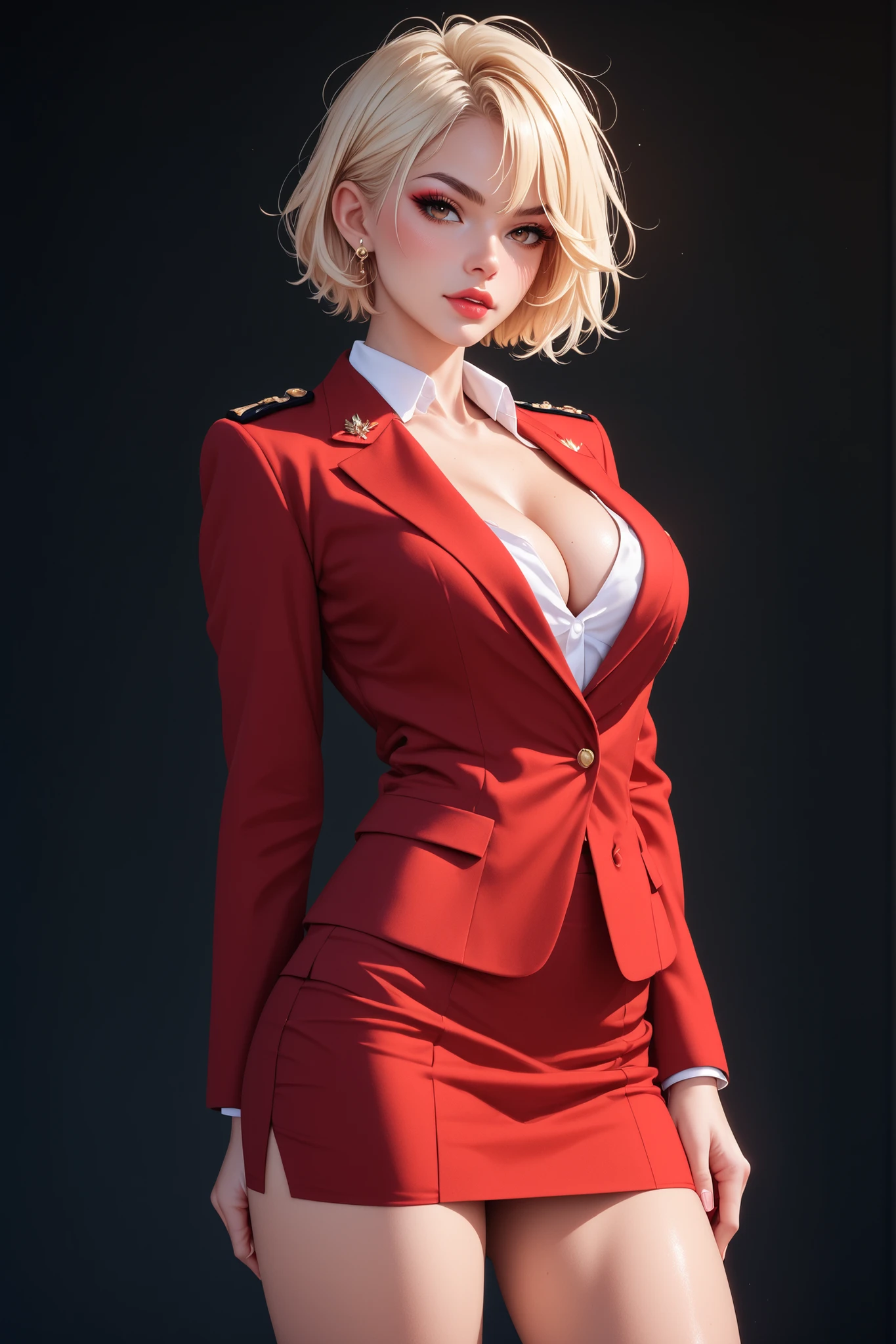 red business suit, very short blonde hair, military uniform, cleavage, short skirt
