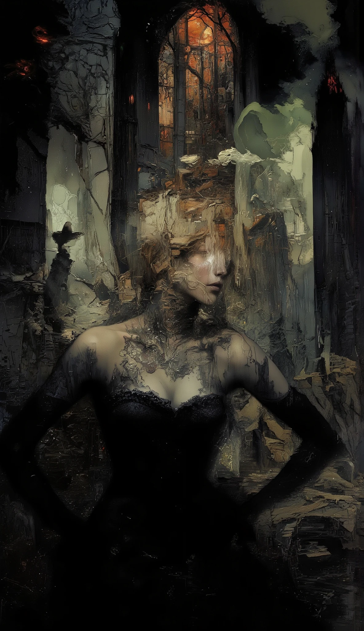 Incredibly detailed illustration of a stunningly attractive European woman, pretty face with a bold nose, eccentric Gothic woman in her early 20s with untamed beautiful blonde hair, black low-cut corset dress, impressive cleavage, large natural breasts, adorned with mystical tattoos including an intricate ankh tattoo, full figure, luscious and curvy figure, pale skin, shadowy gothic castle looming in the background that is horrific and spectral with crumbling stone walls, broken stained glass windows, gargoyle statues with glowing red eyes, swirling dark mist, floating spectral figures, eerie green will-o'-the-wisps, collapsing towers, twisted dead trees, broken spires, cracks emitting supernatural light, and a foreboding atmosphere, dynamic lighting, hyperdetailed, intricately detailed, inspired by Greg Rutkowski and Artgerm, deep colors, volumetric lighting, 8K resolution, photorealistic rendering, dramatic shadows, atmospheric mist, moonlit scene, ornate architectural details, high contrast, cinematic composition