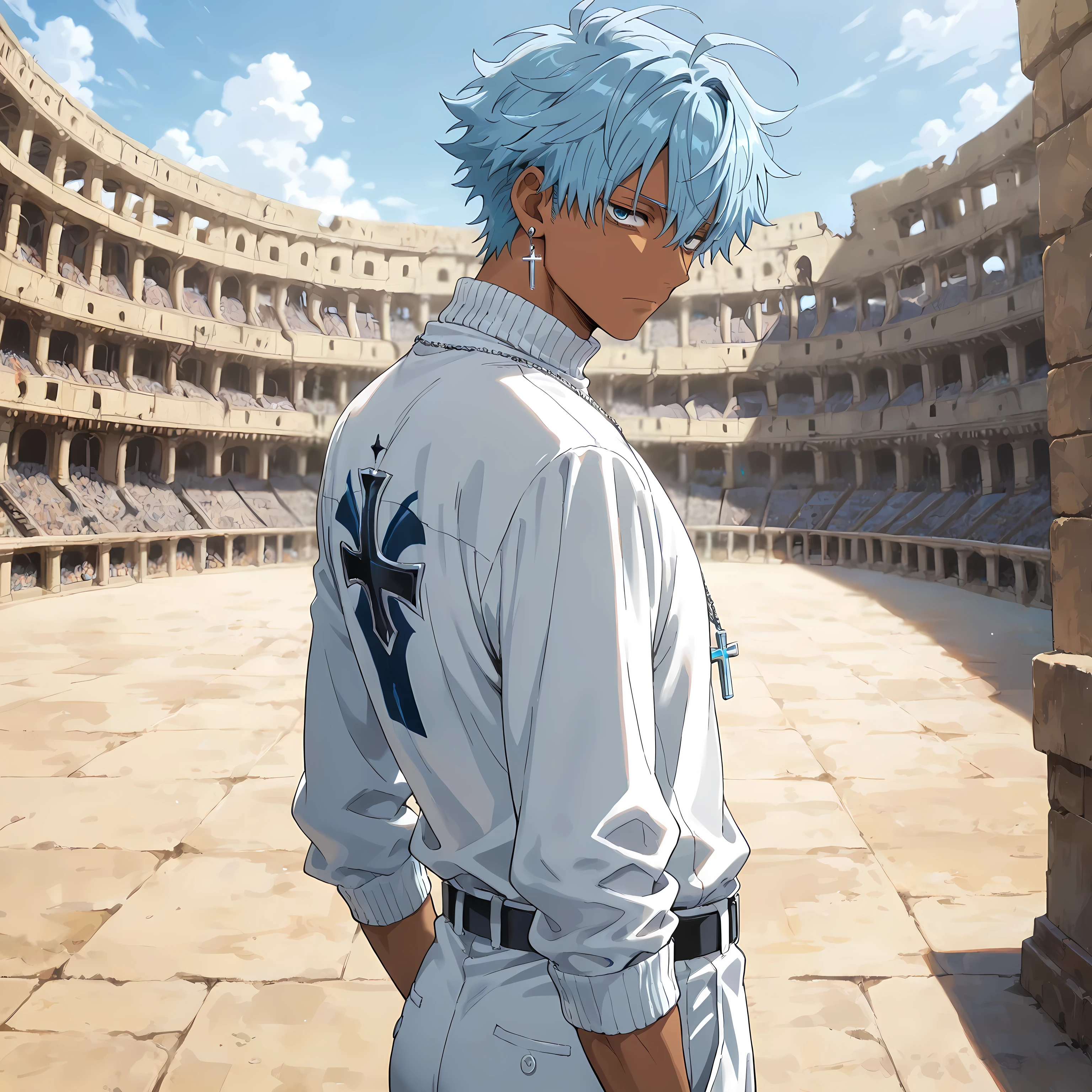 masterpiece , best quality , simple , 1boy , adult , male focus , masculine , dark skin , solo , short wavy spiked hair with ahoge , medium length in the back , aegean blue hair , aegean blue eyes , tired eyes , sick expression , white turtleneck undershirt , baggy white pants , standing still , silver cross necklace , silver earring on left ear , colosseum background , perfect background , close-up , looking toward viewer