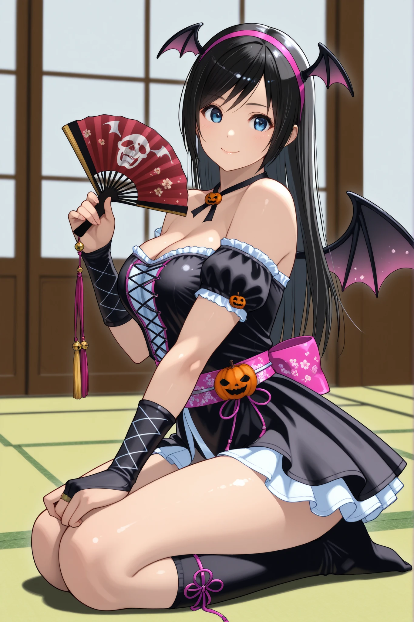 , ,perfect anatomy,masterpiece, Highest Quality, very aesthetic, Ridiculous, (Pyromyz (artist):0.4),,,1girl, kokoro (doa),kokorohalloween, black dress, hair orgment,a pair of devil wings on headband,,, two Pink ribbon accessories at the both side of waist,,off-shoulder,(,a pair of devil wings on the head:1.4), , large breast,,,,,,,black hair, long hair,slender,beautiful blue eyes,,, , Very beautiful thighs ,very Beautiful legs, ,,,,sitting on the floor,seiza,,,,legs together,socks,hands on knees,,holding a Folding fan on one hand,open the fan,spreading fan,,,raising one hand up,cleavage,,,,,smile,,,japanese-style room,tatami,shoji,,,,,view from side,upper body
