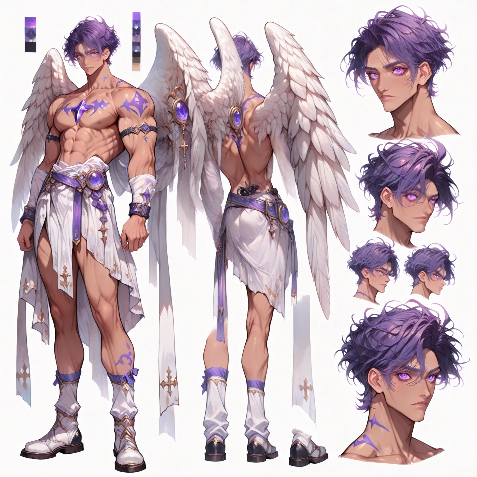 (Masterpiece, best quality), detailed, 1 man, ((character concept art)), ((character design sheet, same character, front, side, back)), full body, body complete, 1 Male, 1 Man, Detailed face, character design sheet,full bodyesbian, Highly detailed, character sheet, character design, Many parts, dark skin, angel wings, long ponytail purple hair, angel outfit, muscle male god, male clothes, masculine, muscle man, male muscle, manly, male angel, Muscle male with purple ponytail long hair,beautiful man, abs, pectoral muscle
