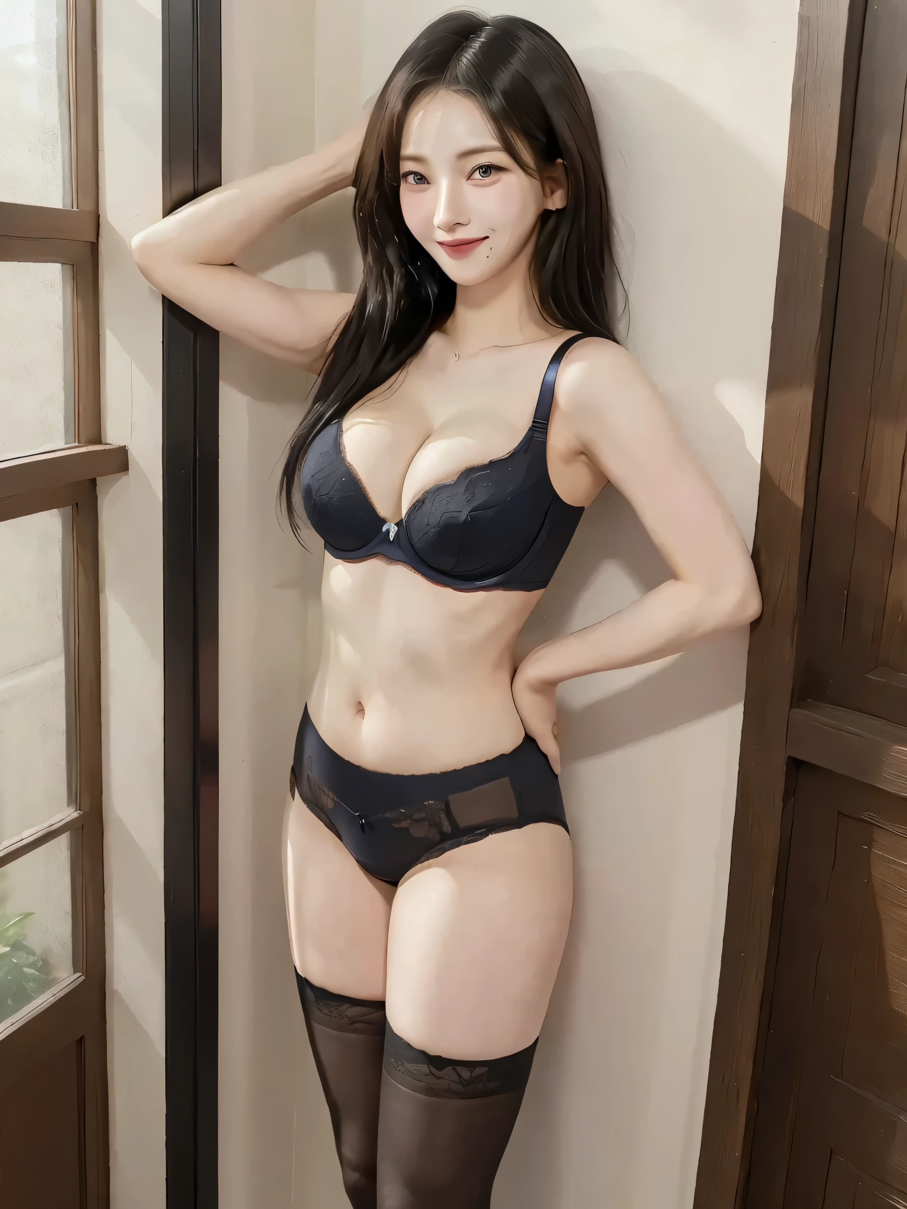 (4 k、top-quality)、(realisitic、Photorealsitic)、(Yakian)、 1girl in、solo、fullllbody、 perfect hand、frontlight、up looking_in_the viewer、in a house、natta、finerly detailed face、Slightly chubby、The best smile、Long Afro without bangs hair,,(super gigantic breast, Wearing Black Plain bras、cleavage:1.2),(underwear:1.3),(stockings), (Cameltoe),2、Panty、Nogizaka Idol、actress、Korean Idol、hposing Gravure Idol,place one's arms behind one's back,raise both arm,(Aside)、Model Standing