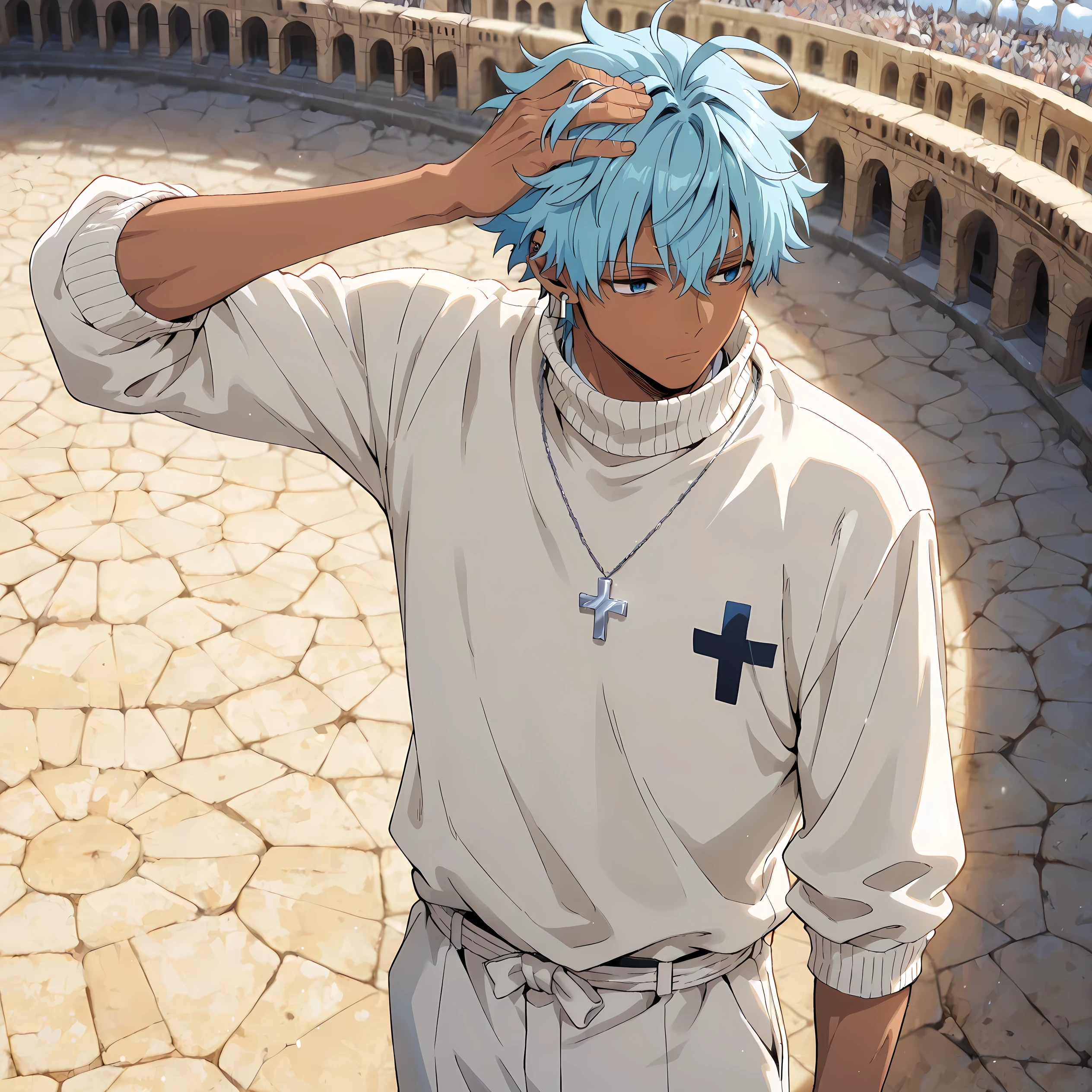 masterpiece , best quality , simple , 1boy , adult , male focus , masculine , dark skin , solo , short wavy spiked hair with ahoge , medium length in the back , middle part , aegean blue hair , aegean blue eyes , tired eyes , sick expression , white turtleneck undershirt , baggy white pants , standing still , one hand on head , silver cross necklace , silver earring on left ear , colosseum background , perfect background , close-up