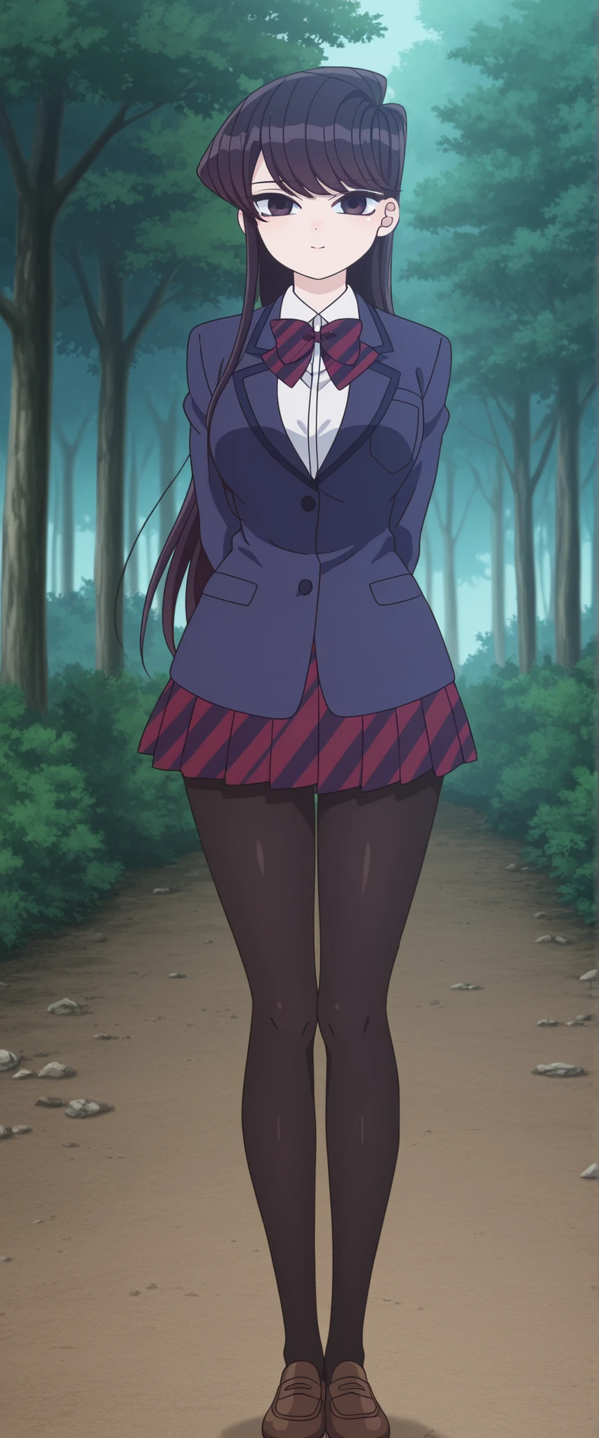 score_9, score_8_up, score_7_up,anime_screenshot,OFFICIAL ART,anime coloring, official anime artwork, screencap, anime screencap,uncensored,BREAK,1girl,solo,Shouko Komi,large breast,large hips, BREAK,highschool uniform,dress shirt, red bow,blue blazer,blue pleated skirt,black pantyhose,brown Loafers,BREAK,small smile,BREAK,standing,BREAK,full body,front view,BREAK,outdoor,forest,park