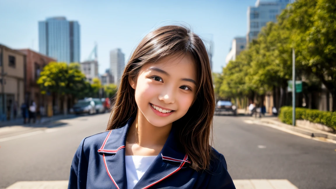 (smile)、Cute Girl、fun、(((smile)))、high school girl、((Schoolgirl uniform))、(The eyes are light brown)、(((Droopy eyes))),Ultra-realistic、photograph、(((Pedestrian precinct)))、Short skirt、 The face is very beautiful、Clear eyes、(((Eyes with big eyes)))、Pedestrian precinct、intersection、Japanese girls' high 、 bench、Dark blue pretz skirt、Large 、(( young woman's body:1.4))、
