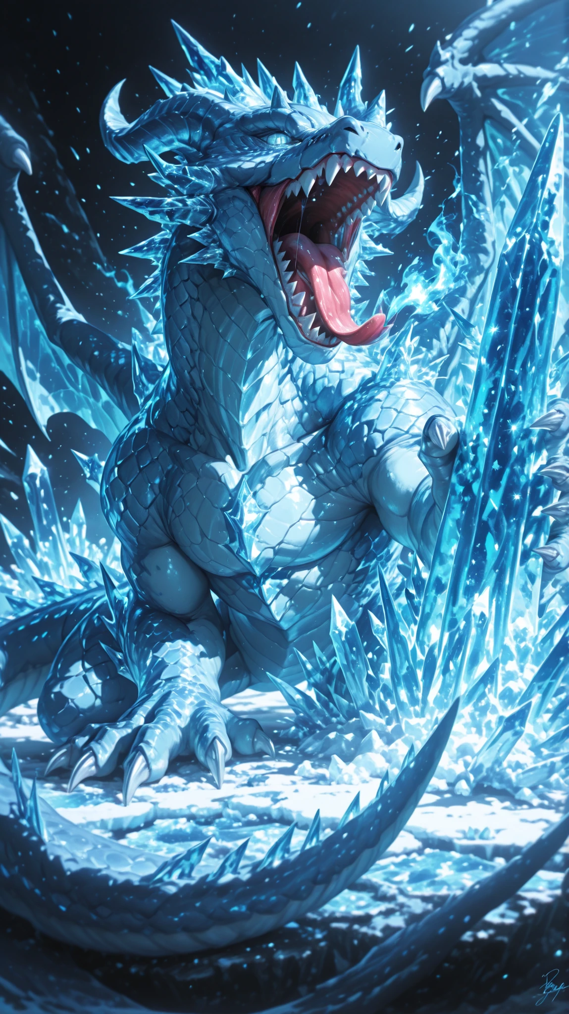no_humans, dragon, claws, wings, tongue, open_mouth, scales, blue_theme, sharp_teeth, solo, teeth, tail, ice, crystal, tongue_out, fire, signature, horns