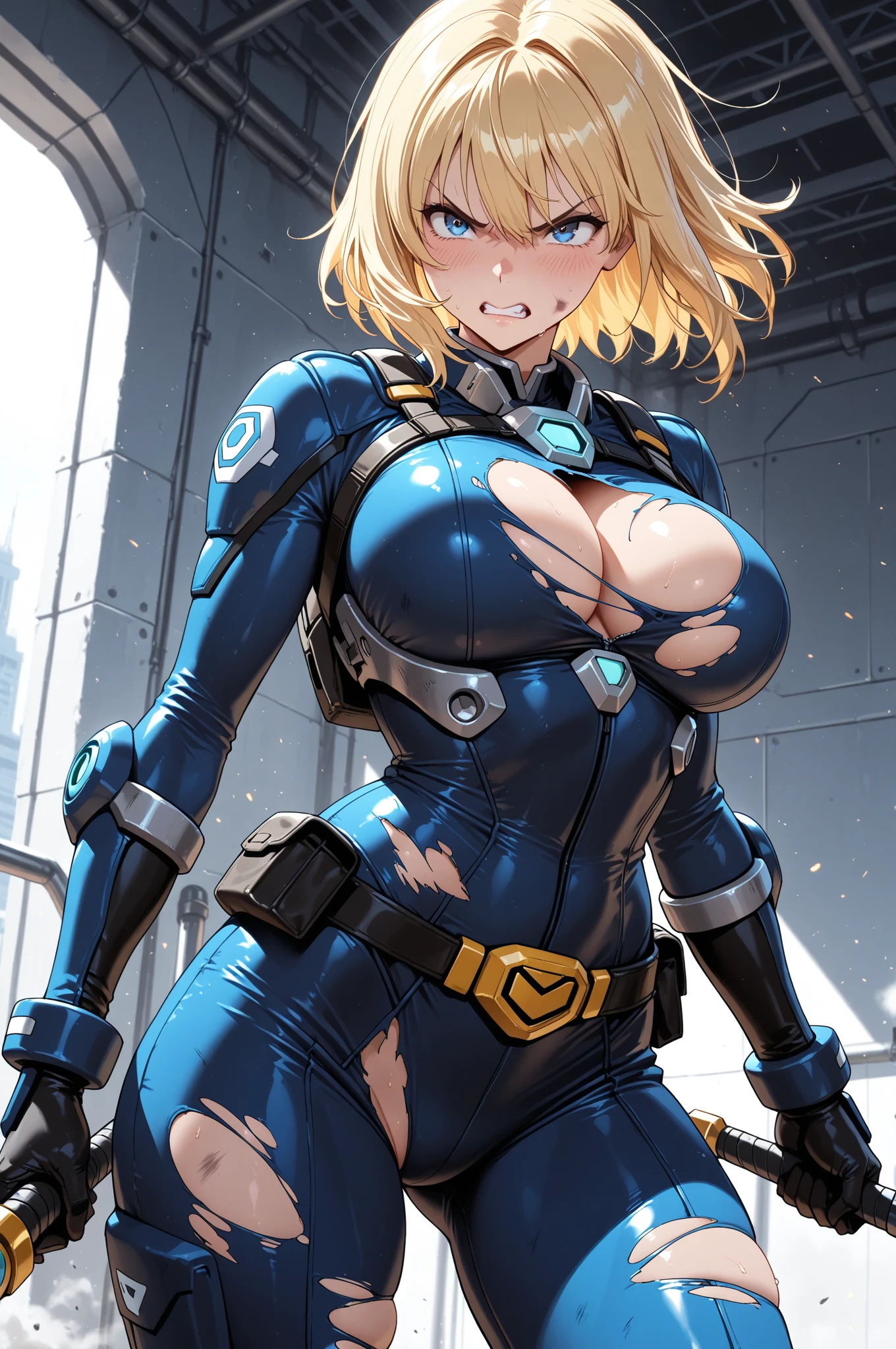 (3D anime style), (fallout videogame),  woman, (deep cleavage:1.2), (:1.3), (ripped blue vault dweller full :1.2), (torn tattered cloth fabric), boots, (mud stains on clothes), short blonde hair, thick body, (searching scrap inside of old rusty warehouse), curious face expression, (detailed face and eyes:1.3), masterpiece, best quality, videogame visuals, deep shadow, intricate, detailed, sharp, focused, colorful details, iridescent colors, intricate details, dynamic voluminous light , high resolution, enchanted qualitymasterpiece, best quality, intricate, detailed, sharp, focused, colorful details, iridescent colors, intricate details, dynamic voluminous light , high resolution, enchanted quality.