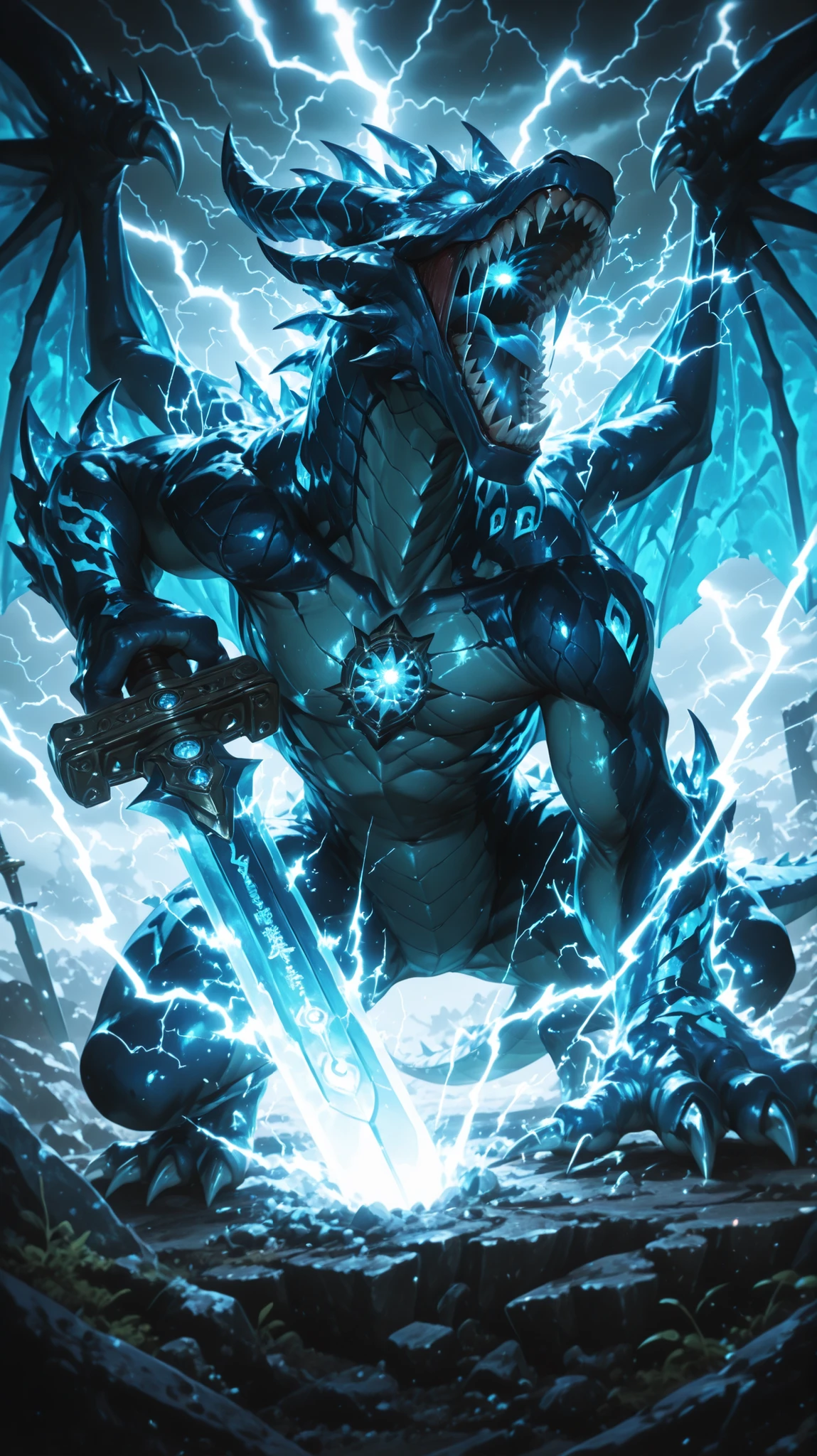 dragon, electricity, wings, open_mouth, lightning, glowing, teeth, glowing_eyes, blue_eyes, no_humans, monster, sharp_teeth, weapon, sword, claws