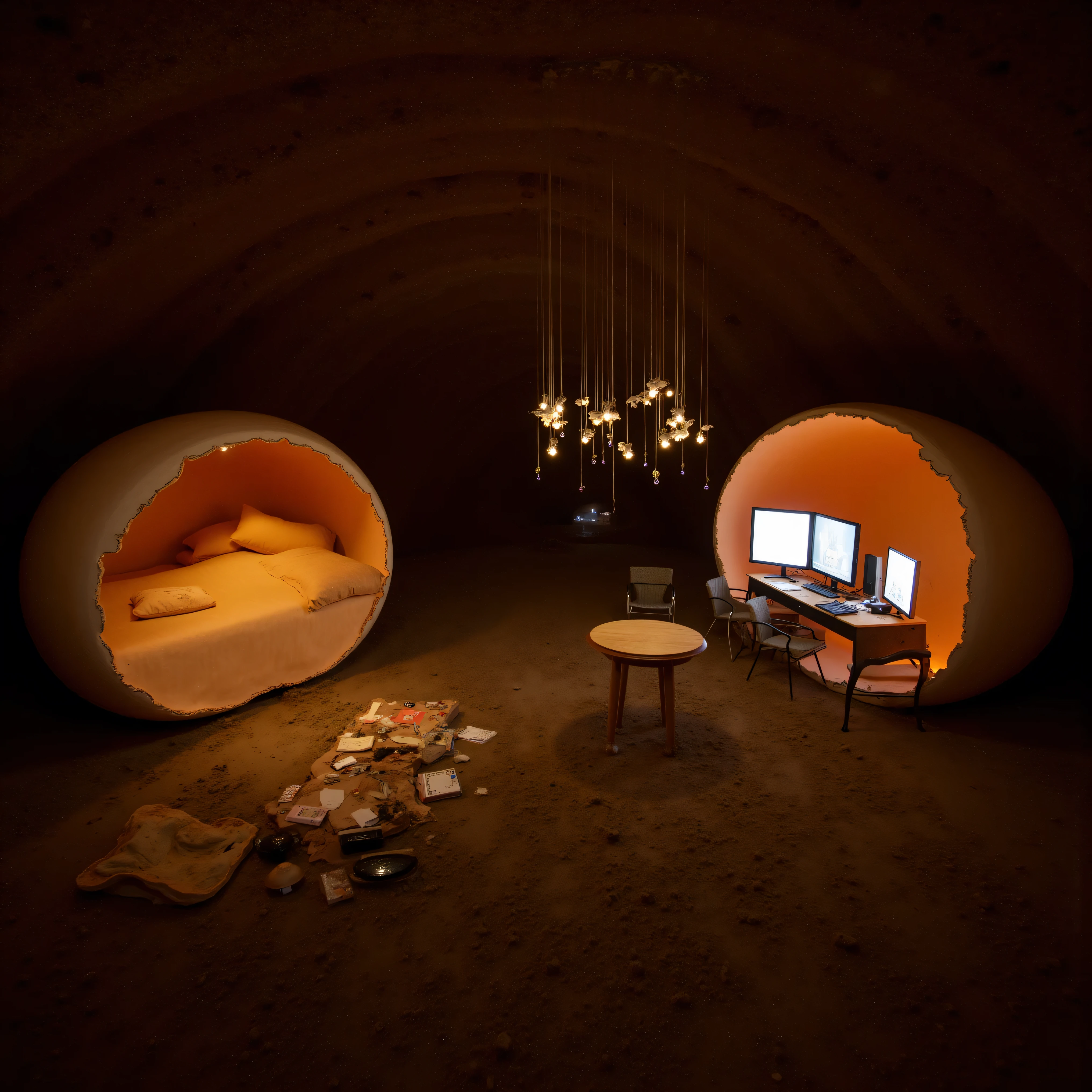 Enormous broken eggshells lay in a muddy hollowed out pit, each glowing with a soft amber light from within. One large egg shell has a sizeable opening, serving as a cozy seating area adorned with a small cushion. Next to it are a human's furniture, a table, and chairs along with two flat-screen televisions that are turned on and powered in a way unknown. Suspended from the ceiling are delicate objects and creatures that float gracefully, contributing to the whimsical atmosphere. The table displays an assortment of small items, including books and trinkets, emphasizing that someone spent time here, but the human occupants and the creatures that hatched from the eggshells are nowhere to be found. With items scattered around and lying on the muddy ground and with the TVs still on, it appears that whatever did happen was quick and recent in this hidden retreat.