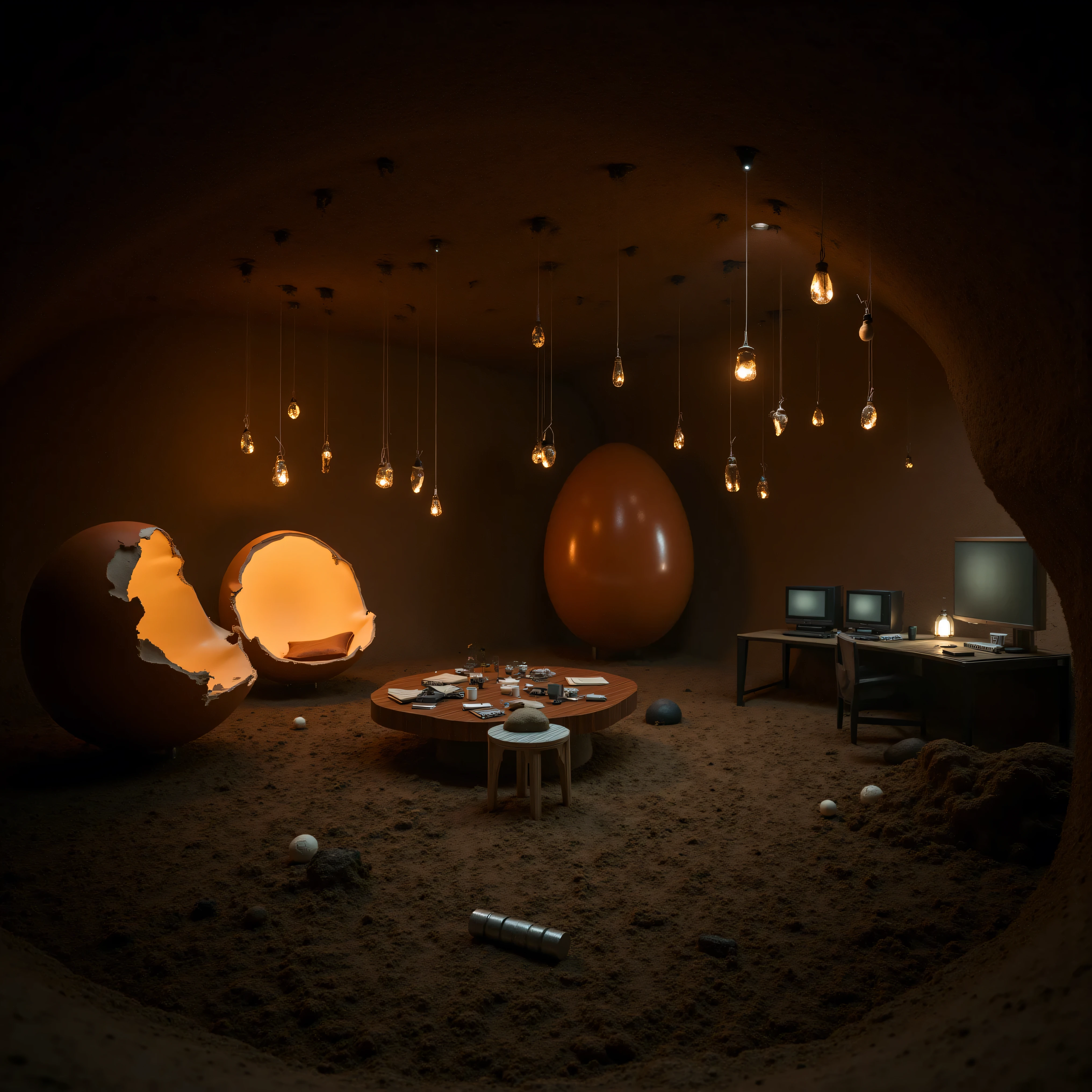 Enormous broken eggshells lay in a muddy hollowed out pit, each glowing with a soft amber light from within. One large egg shell has a sizeable opening, serving as a cozy seating area adorned with a small cushion. Next to it are a human's furniture, a table, and chairs along with two flat-screen televisions that are turned on and powered in a way unknown. Suspended from the ceiling are delicate objects and creatures that float gracefully, contributing to the whimsical atmosphere. The table displays an assortment of small items, including books and trinkets, emphasizing that someone spent time here, but the human occupants and the creatures that hatched from the eggshells are nowhere to be found. With items scattered around and lying on the muddy ground and with the TVs still on, it appears that whatever did happen was quick and recent in this hidden retreat. Ultra-realistic, photo-realistic, ultra-detailed, cinematic photography, cinematic lighting and shadows, 8k, high-res, UHDR, hyperrealistic, 3D rendered realism, surreal fantasy art, dramatic, macabre, melancholic elements.