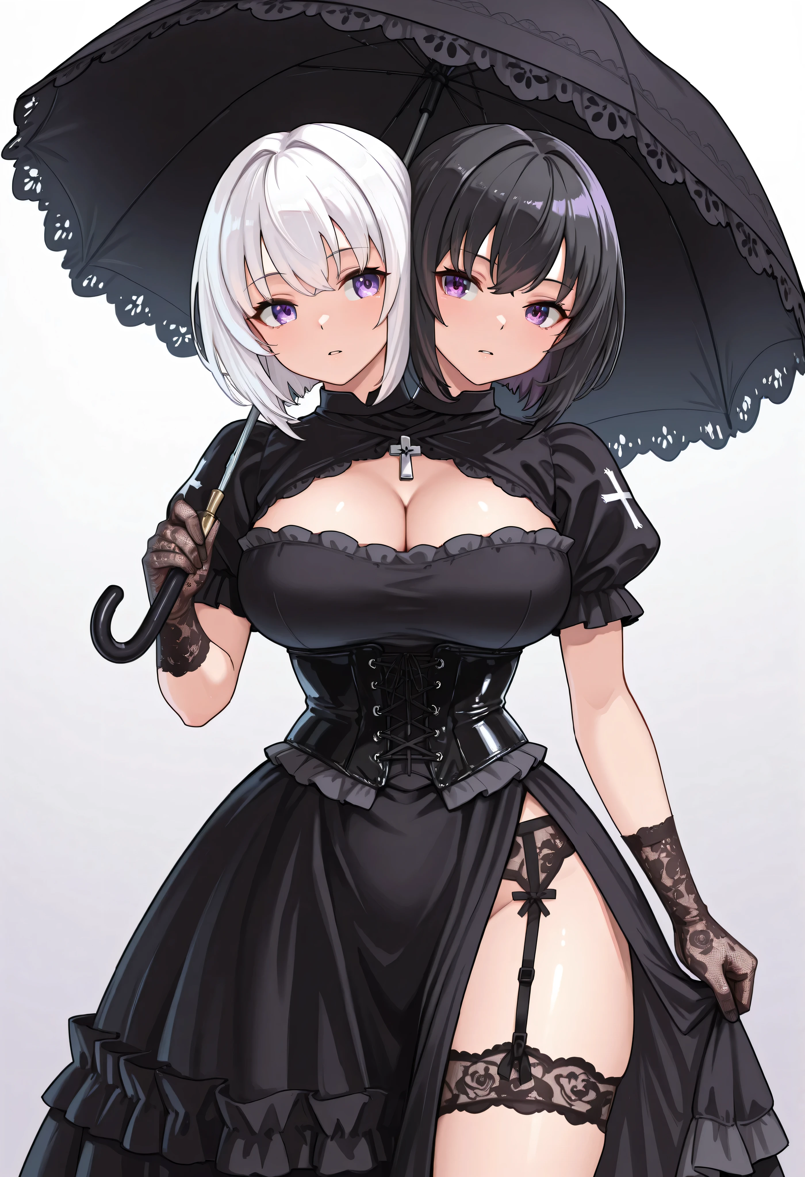 conjoined, 2girls, 2heads, two heads, a tall thin girls with 2 heads, black hair, white hair, purple eyes, harajuku fashion, gothic ta, gothic outfit, black frilly dress, corset, cross accessories, lace gloves, holding a black parasol, lace parasol, gothic umbrella, elegant umbrella, victorian umbrella, black lace details, black garter belt, visible garter belt straps, lacy garter belt, gothic garter, Cleavage, side slit, large breasts, front shots, thighs, 