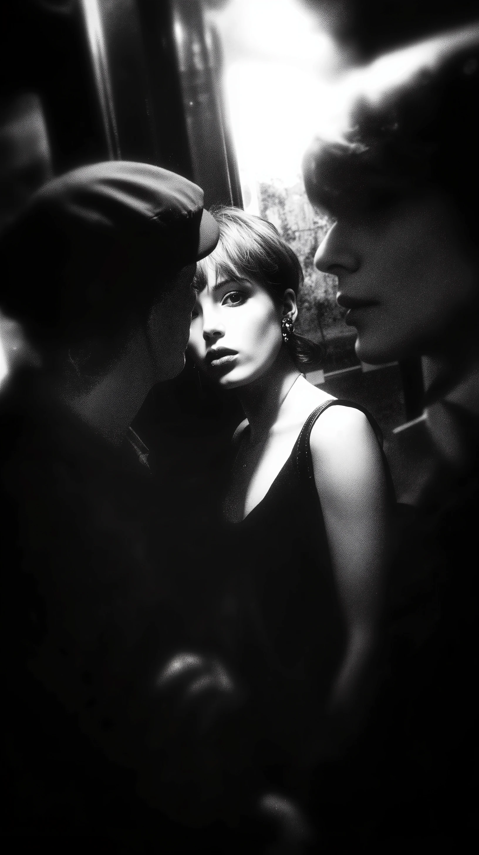 Cinematic frame , blanco y negro, artistic style, shocking situations of strange people, William Klein style photography.