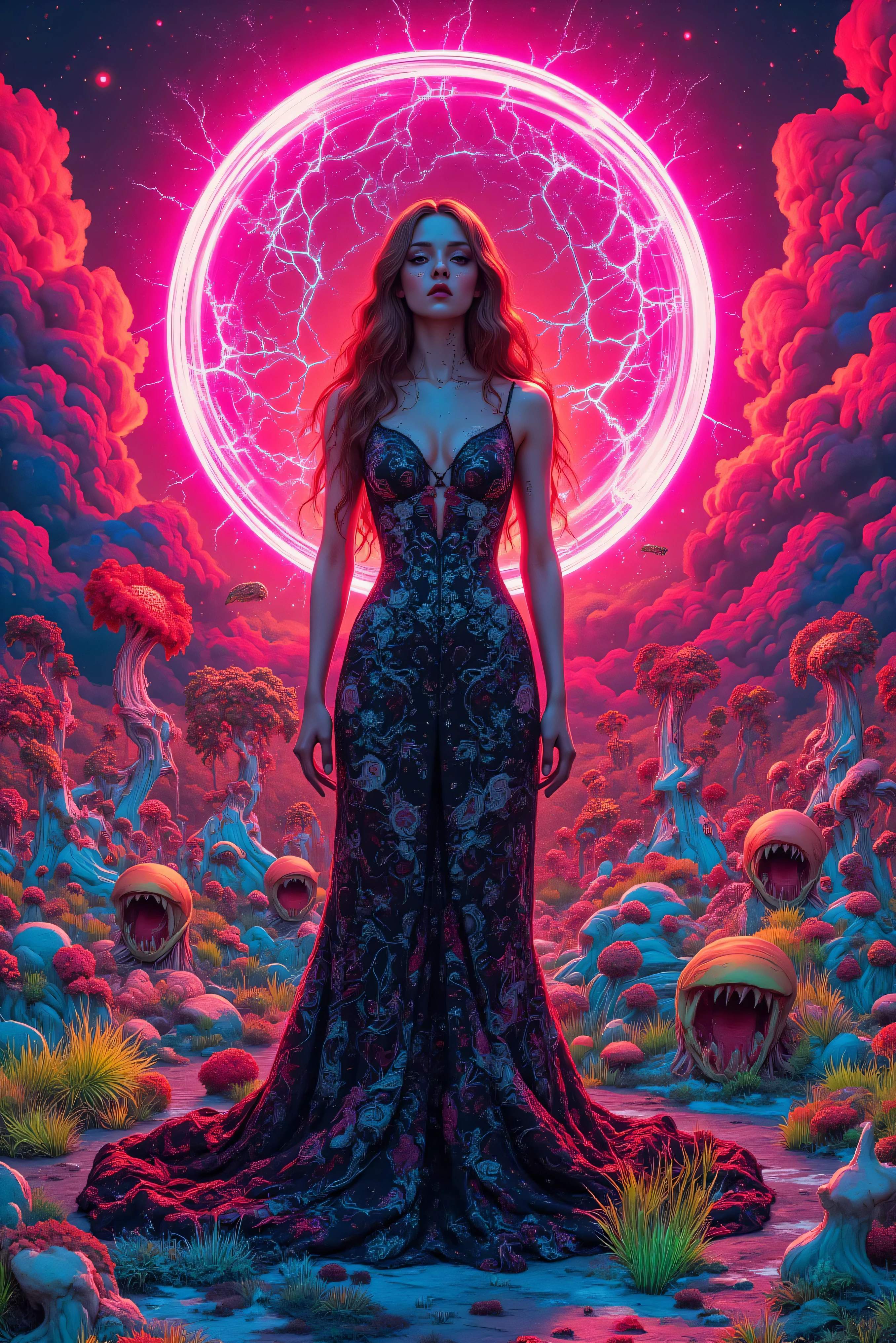 An ultra-attractive ultra-realistic young alien woman with very long wavy brown hair wearing a black silk mermaid-style dress with a sweeping train and white and red embroidered floral pattern surrounded by a circle of hot pink ultra- brightness that swirls around her while tiny blue and neon green jagged electrical lines wrap and bend themselves around the hot pink circle of light. Strange flowering plants are reaching out for the woman. Ultra-realistic, photorealistic, cinematic photography, cinematic portrait, portrait photography, cinematic lighting and shadows, 8k, high-res, best quality, vivid colors, and whimsical details of the surreal otherworldly atmosphere, carnivorous plants attack, experimental art, and extreme psychedelic psychotrance artwork, wired weirdcore, beautiful alien model, dramatic poses, striking presence, beautiful piercing eyes, pale skin, dark makeup, and expressive realistic facial features, intricate details of the highest quality, textured skin and hair, heavy cleavage, and deep red and purple billowing cumulus clouds in front of the setting sun. Carnivorous plants erupting from the ground reach toward the alien woman with giant mouths with sharp pointed teeth, Cinematography, Conceptual Art, Fujicolor, Super Saturated Colored clouds, and sunset.