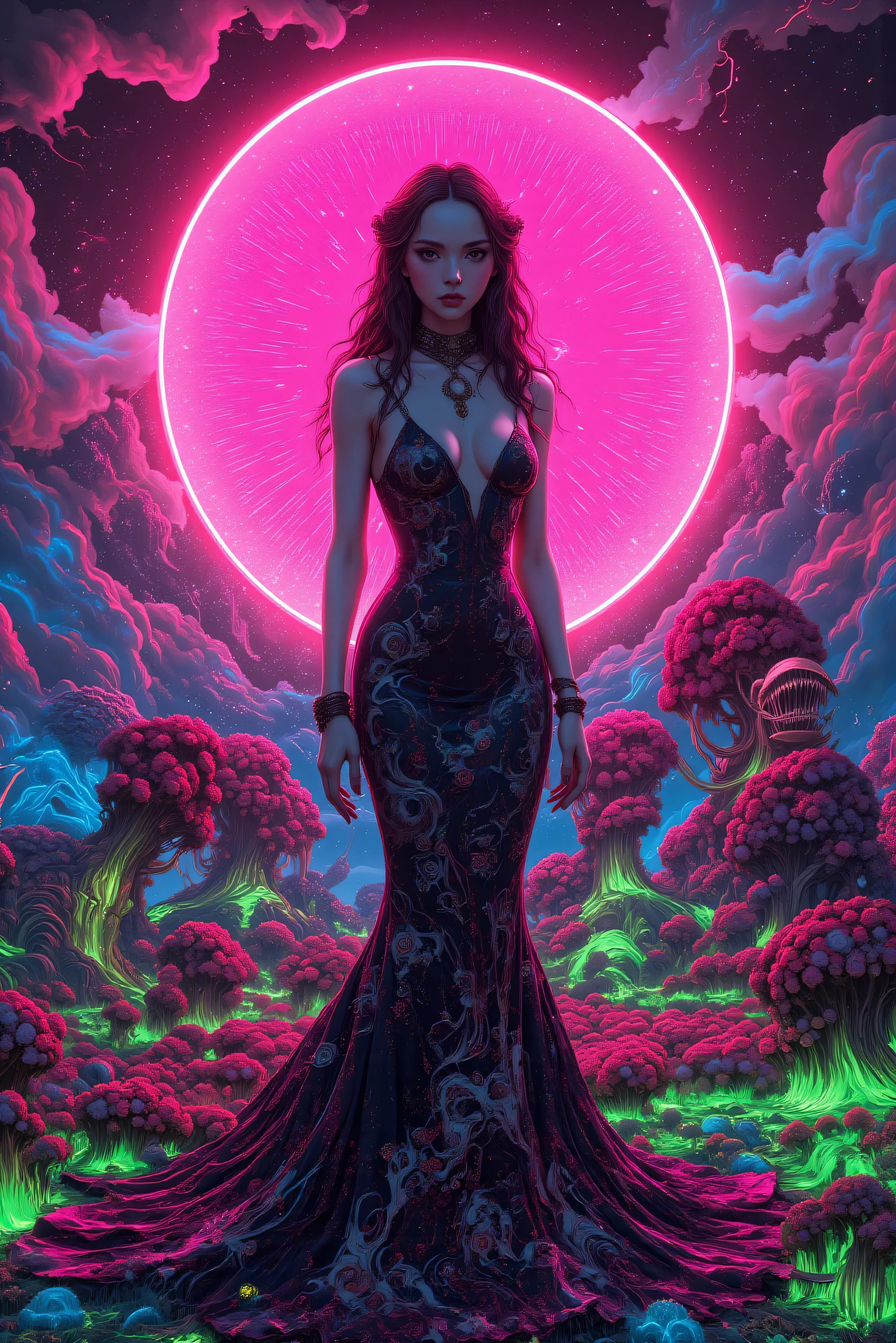 An ultra-attractive ultra-realistic young alien woman with very long wavy brown hair wearing a black silk mermaid-style dress with a sweeping train and white and red embroidered floral pattern surrounded by a circle of hot pink ultra- brightness that swirls around her while tiny blue and neon green jagged electrical lines wrap and bend themselves around the hot pink circle of light. Strange flowering plants are reaching out for the woman. Ultra-realistic, photorealistic, cinematic photography, cinematic portrait, portrait photography, cinematic lighting and shadows, 8k, high-res, best quality, vivid colors, and whimsical details of the surreal otherworldly atmosphere, carnivorous plants attack, experimental art, and extreme psychedelic psychotrance artwork, wired weirdcore, beautiful alien model, dramatic poses, striking presence, beautiful piercing eyes, pale skin, dark makeup, and expressive realistic facial features, intricate details of the highest quality, textured skin and hair, heavy cleavage, and deep red and purple billowing cumulus clouds in front of the setting sun. Carnivorous plants erupting from the ground reach toward the alien woman with giant mouths with sharp pointed teeth, Cinematography, Conceptual Art, Fujicolor, Super Saturated Colored clouds, and sunset.