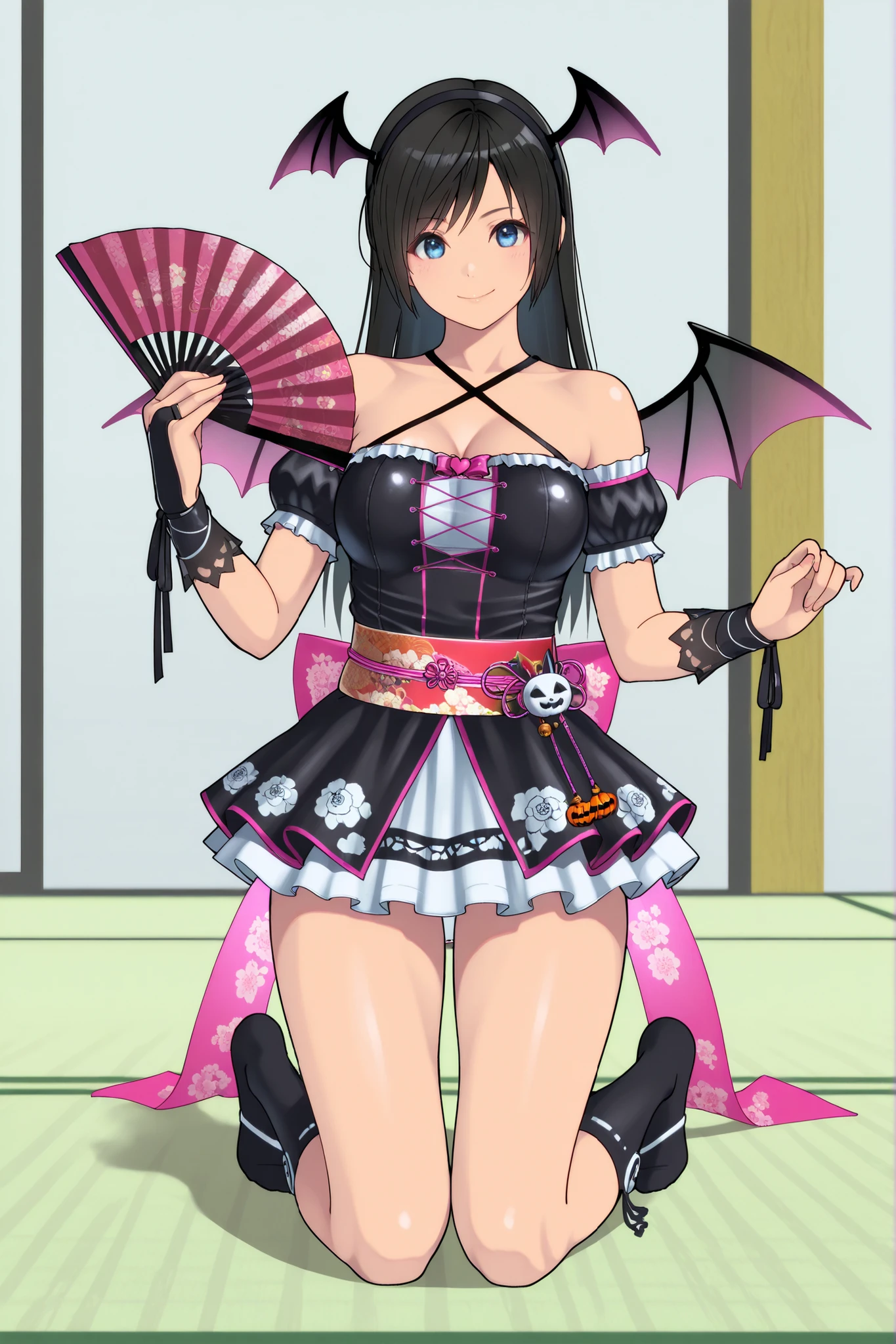 , ,perfect anatomy,masterpiece, Highest Quality, very aesthetic, Ridiculous, (Pyromyz (artist):0.4),,,1girl, kokoro (doa),kokorohalloween, black dress, hair orgment,a pair of devil wings on headband,,, two Pink ribbon accessories at the both side of waist,,off-shoulder,(,a pair of devil wings on the head:1.4), , large breast,,,,,,,black hair, long hair,slender,beautiful blue eyes,,, , Very beautiful thighs ,very Beautiful legs, ,,,, kneeling,japanese dance,socks,,,holding a Folding fan on one hand,open the fan,spreading fan,raising arms highly,,,cleavage,,,,,smile,,,,,,,japanese-style room,tatami,shoji,,,,,dynamic angle