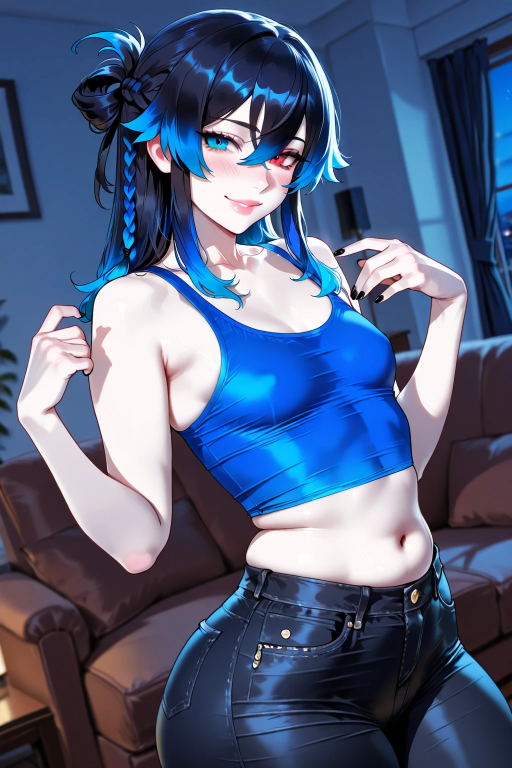  (masterpiece:1.3), (Best Quality:1.3), (Ultra-detailed:1.2), ((kawaii)), Cute, (lovely), ((sexy)), ((Extremely detailed)), 4K, (8K), Best Quality, (Beautiful), Illustration, anime style, (bold line:1.2), Gradation, looking at viewer, //, (bent down:1.1), (arms behind back), //, a cute girl, 1girl, (solo:1.2), gleaming skin, //, (flat chested), (Perfect eyes:1.2), (Perfect iris:1.2), //, darkblue hair color, (beautiful eyes) //, (half closed eyes:1.3), ( expression:1.2), Fascinated expression, smile, (blush:1.2), //, modern city bacground, on rock, tank top with skirt, twin tails, muscle girl, hard abs