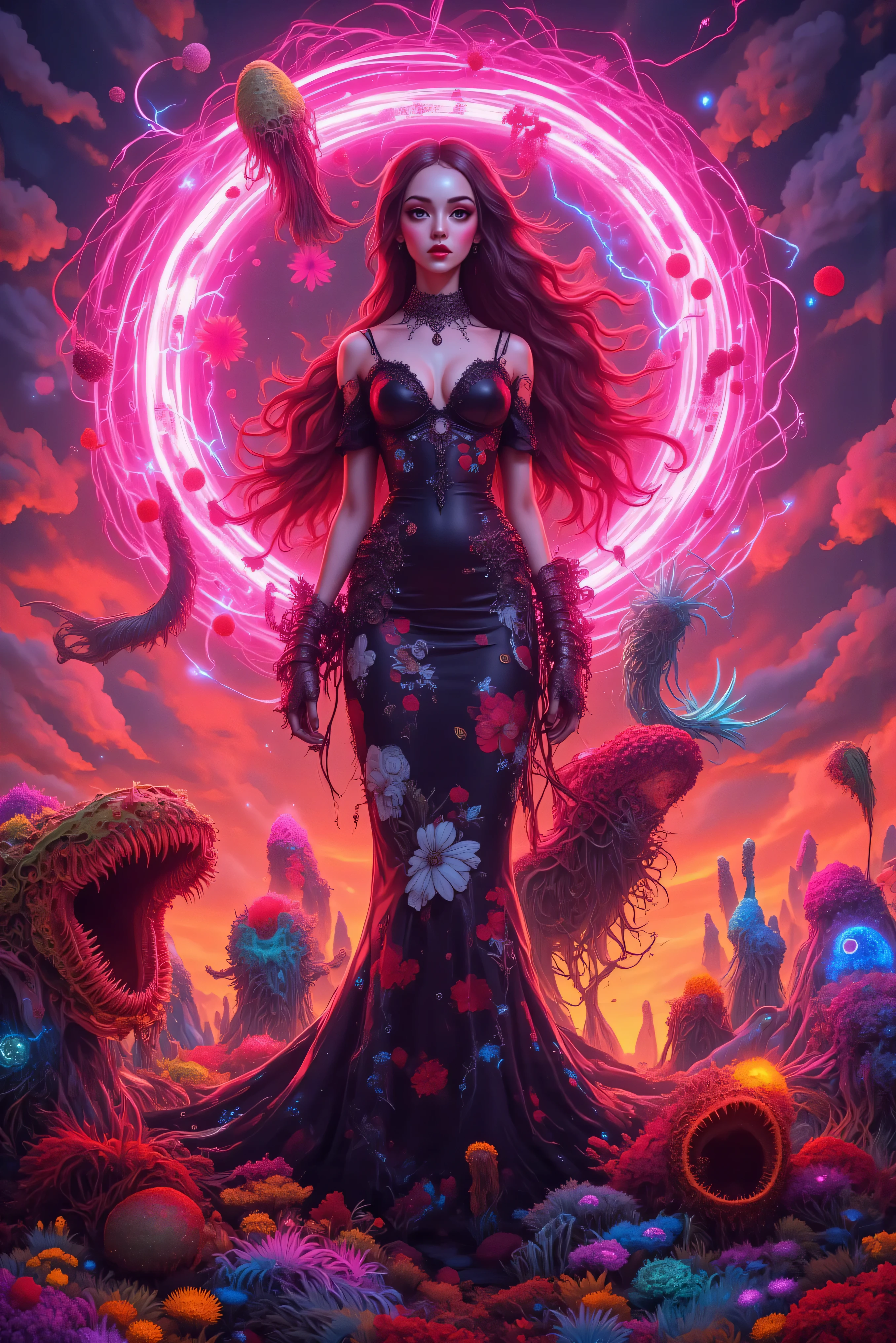 An ultra-attractive young alien woman with very long wavy brown hair wearing a black silk mermaid-style dress with a sweeping train and white and red embroidered floral pattern surrounded by a circle of hot pink ultra- brightness that swirls around her while tiny blue and neon green jagged electrical lines wrap and bend themselves around the hot pink circle of light. Strange flowering plants are reaching out for the woman. Ultra-realistic, photorealistic, cinematic photography, cinematic portrait, portrait photography, cinematic lighting and shadows, 8k, high-res, best quality, vivid colors, and whimsical details of the surreal otherworldly atmosphere, carnivorous plants attack, experimental art, and extreme psychedelic psychotrance artwork, wired weirdcore, beautiful alien model, dramatic poses, striking presence, beautiful piercing eyes, pale skin, dark makeup, and expressive realistic facial features, intricate details of the highest quality, textured skin and hair, heavy cleavage, and deep red and purple billowing cumulus clouds in front of the setting sun. Carnivorous plants erupting from the ground reach toward the alien woman with giant mouths with sharp pointed teeth, Cinematography, Conceptual Art, Fujicolor, Super Saturated Colored clouds, and sunset.