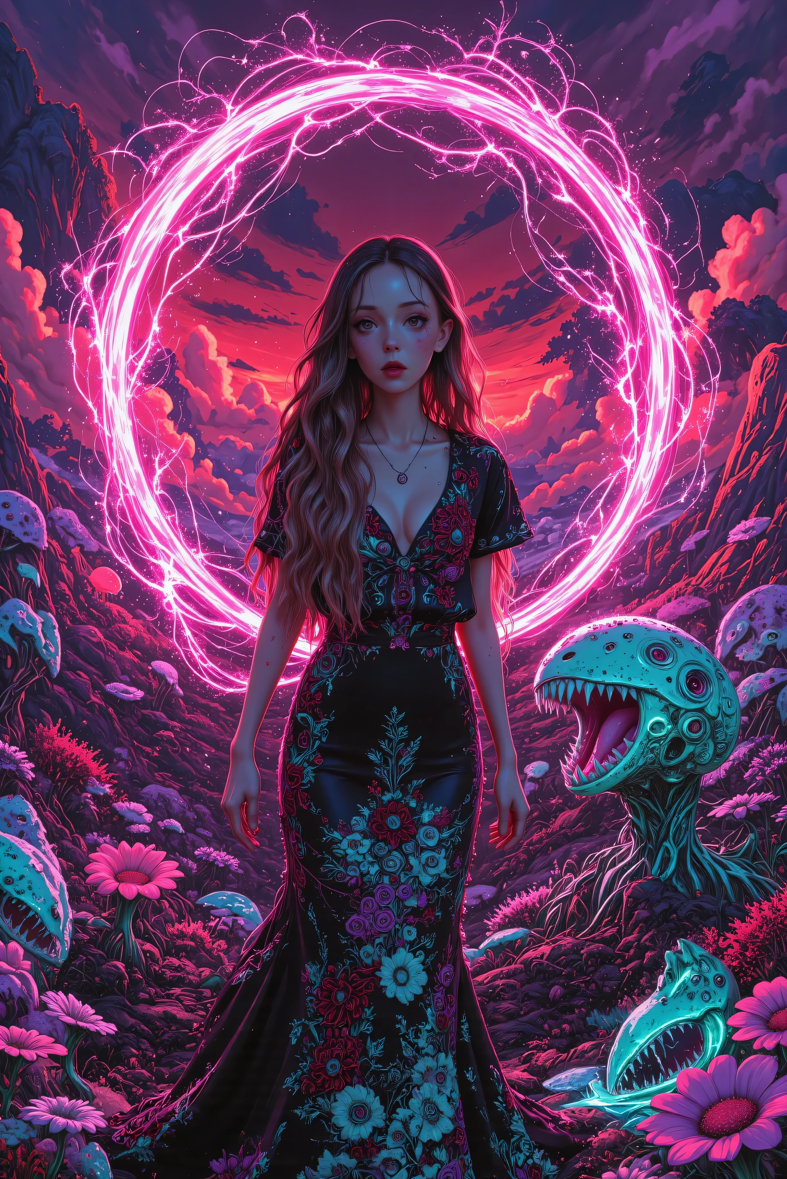 An ultra-attractive young alien woman with very long wavy brown hair wearing a black silk mermaid-style dress with a sweeping train and white and red embroidered floral pattern surrounded by a circle of hot pink ultra- brightness that swirls around her while tiny blue and neon green jagged electrical lines wrap and bend themselves around the hot pink circle of light. Strange flowering plants are reaching out for the woman. Ultra-realistic, photorealistic, cinematic photography, cinematic portrait, portrait photography, cinematic lighting and shadows, 8k, high-res, best quality, vivid colors, and whimsical details of the surreal otherworldly atmosphere, carnivorous plants attack, experimental art, and extreme psychedelic psychotrance artwork, wired weirdcore, beautiful alien model, dramatic poses, striking presence, beautiful piercing eyes, pale skin, dark makeup, and expressive realistic facial features, intricate details of the highest quality, textured skin and hair, heavy cleavage, and deep red and purple billowing cumulus clouds in front of the setting sun. Carnivorous plants erupting from the ground reach toward the alien woman with giant mouths with sharp pointed teeth, Cinematography, Conceptual Art, Fujicolor, Super Saturated Colored clouds, and sunset.