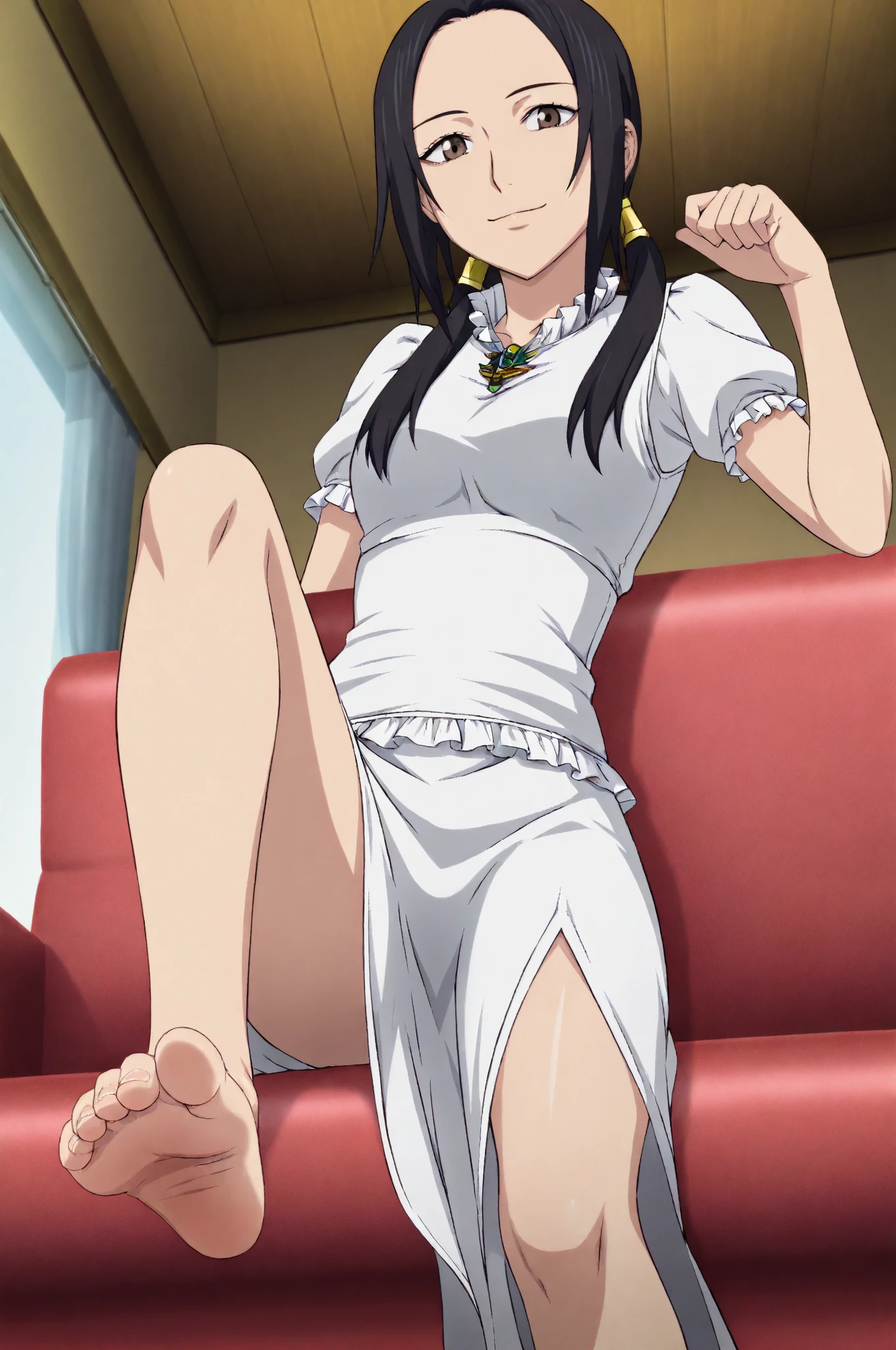 (masterpiece:1.2), best quality, high resolution, unity 8k wallpaper, (illustration), extremely detailed face, perfect lighting, extremely detailed CG, 1girl, solo, <lora:Higashide_Kei:0.7>, kei, red eyes, blue hair, long hair, cleavage, collarbone, bare shoulders:1.2, looking at viewer, smile, short sleeves, (barefeet, feet, soles), sitting on bed, full body, [detailed feet:1.2, perfect feet:1.2, detailed toes:1.4, five toes:1.7], feet focus, from below:1.2, (pink sweater:1.4), white panties, crossed legs