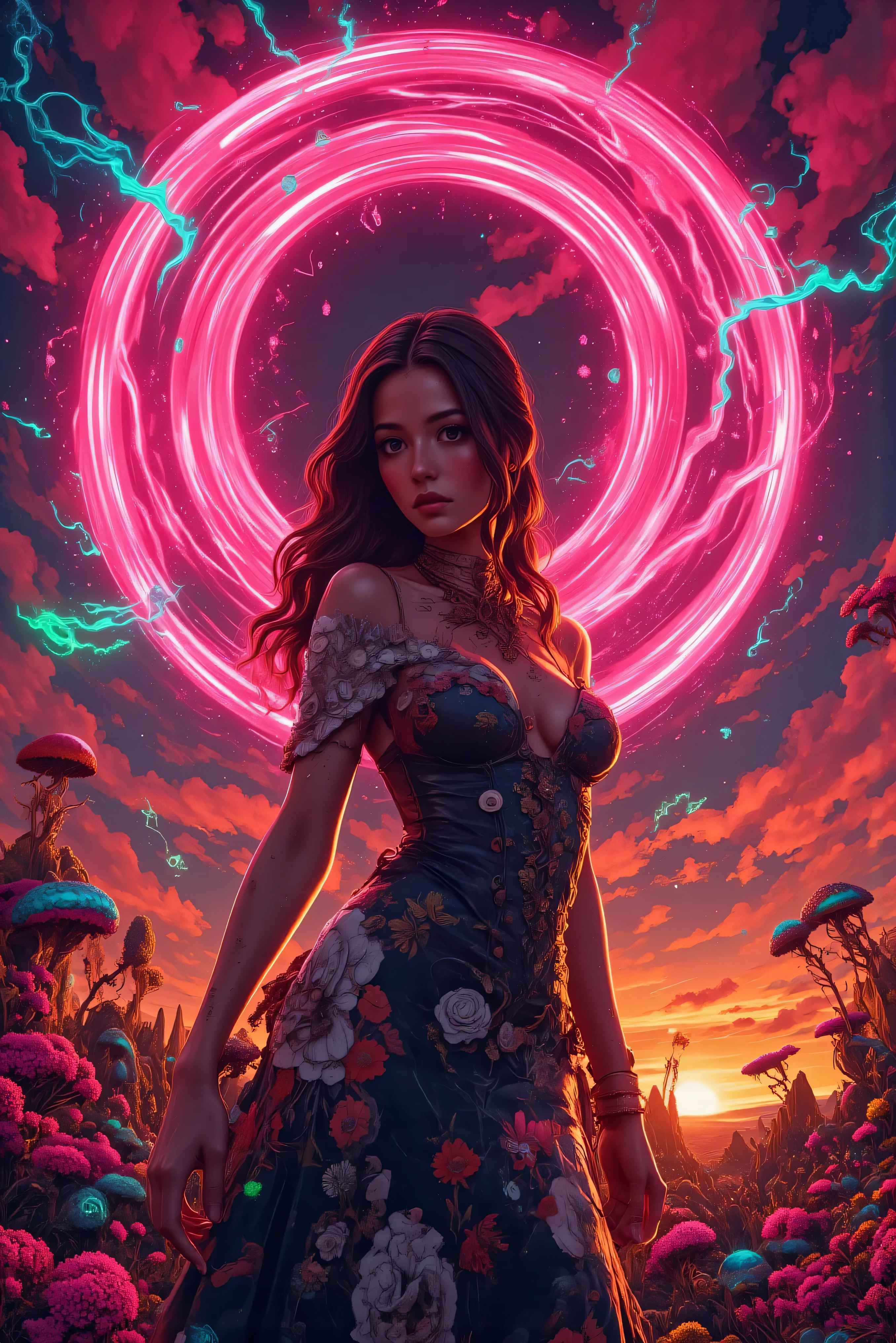 An ultra-attractive young alien woman with very long wavy brown hair wearing a black silk mermaid-style dress with a sweeping train and white and red embroidered floral pattern surrounded by a circle of hot pink ultra- brightness that swirls around her while tiny blue and neon green jagged electrical lines wrap and bend themselves around the hot pink circle of light. Strange flowering plants are reaching out for the woman. Ultra-realistic, photorealistic, cinematic photography, cinematic portrait, portrait photography, cinematic lighting and shadows, 8k, high-res, best quality, vivid colors, and whimsical details of the surreal otherworldly atmosphere, carnivorous plants attack, experimental art, and extreme psychedelic psychotrance artwork, wired weirdcore, beautiful alien model, dramatic poses, striking presence, beautiful piercing eyes, pale skin, dark makeup, and expressive realistic facial features, intricate details of the highest quality, textured skin and hair, heavy cleavage, and deep red and purple billowing cumulus clouds in front of the setting sun. Carnivorous plants erupting from the ground reach toward the alien woman with giant mouths with sharp pointed teeth, Cinematography, Conceptual Art, Fujicolor, Super Saturated Colored clouds, and sunset.