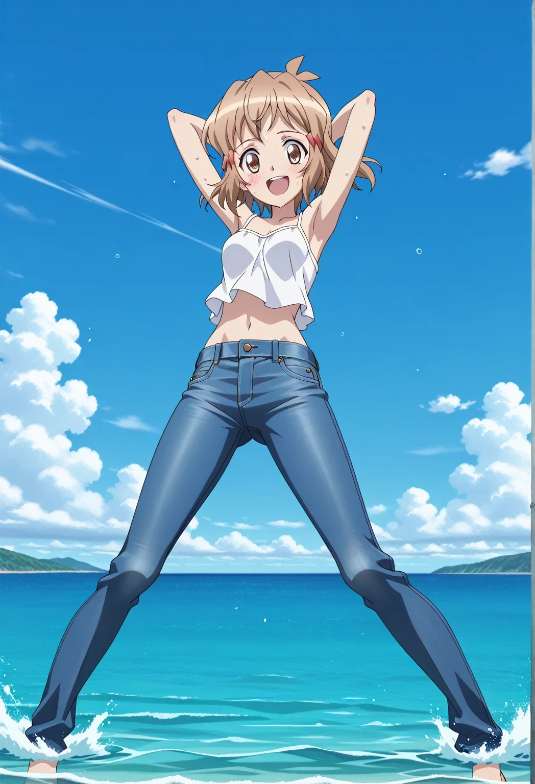 score_9, score_8_up, score_7_up, source_anime, highres, hi res, ((best quality, top quality, perfect quality, Highest Quality, amazing quality)), {{masterpiece}}, {{an extremely delicate and beautiful}}, 2d, intricate details, official style, anime, 8k, anime style, official_anime, official art, digital painting, cell shading, soft shading, high resolution, soothing tones, Subdued Color, Soft cinematic light, adobe lightroom, photolab, HDR, intricately and hyper-detailed, ((high quality animation)), 1 girl, Alone, solo, ((ocean)), tsunami, on the water, day, sunny, outdoors, sky, windy, tachibanahibiki, senkizessho symphogear, short hair, hairclip, brown hair, hairclip, ,brown eyes, anime screencap, small breasts, white camisole top, crop top, white crop top, best quality, hyper-detailed jeans, ((blue jeans:1.9)), (dark blue jeans:0.6), full medium body, medium shot, Open mouth, smiling, happy face, blush, sweat, standing, ((arms behind head:6.0)), ((perfect arm line:2.5)), bowlegged, jumping pose, action, looking at viewer, spread legs, Bend knees slightly, straight-on front view