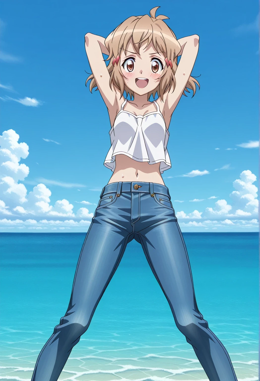 score_9, score_8_up, score_7_up, source_anime, highres, hi res, ((best quality, top quality, perfect quality, Highest Quality, amazing quality)), {{masterpiece}}, {{an extremely delicate and beautiful}}, 2d, intricate details, official style, anime, 8k, anime style, official_anime, official art, digital painting, cell shading, soft shading, high resolution, soothing tones, Subdued Color, Soft cinematic light, adobe lightroom, photolab, HDR, intricately and hyper-detailed, ((high quality animation)), 1 girl, Alone, solo, ((ocean)), tsunami, on the water, day, sunny, outdoors, sky, windy, tachibanahibiki, senkizessho symphogear, short hair, hairclip, brown hair, hairclip, ,brown eyes, anime screencap, small breasts, white camisole top, crop top, white crop top, best quality, hyper-detailed jeans, ((blue jeans:1.9)), (dark blue jeans:0.6), full medium body, medium shot, Open mouth, smiling, happy face, blush, sweat, standing, ((arms behind head:6.0)), ((perfect arm line:2.5)), bowlegged, jumping pose, action, looking at viewer, spread legs, Bend knees slightly, straight-on front view
