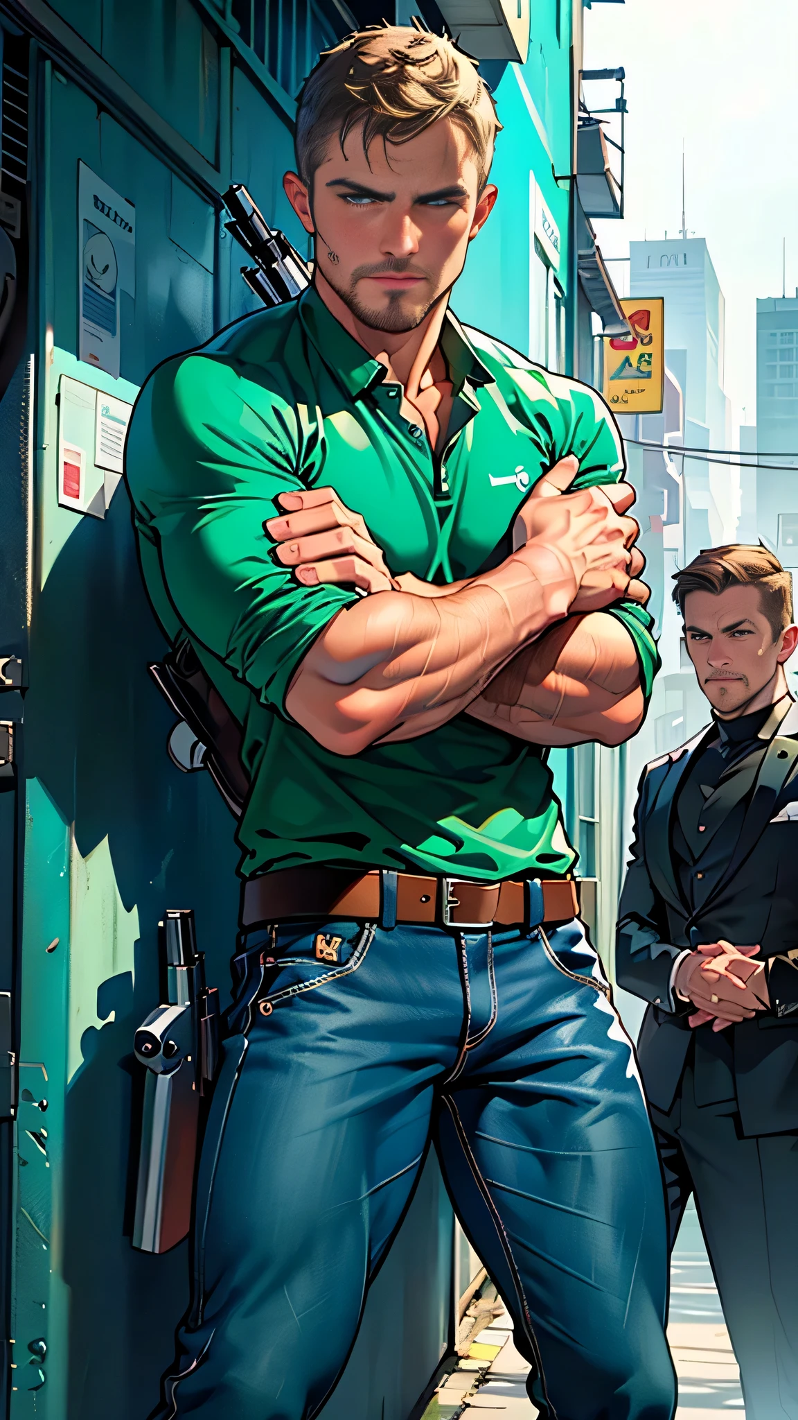 vpl,vpl,1 man, male focus solo,45 yo man, (((Stephen AMELL as private investigator))), lean muscle, open blue shirt, marine blue jeans with brown belt ,( bulge), full body shot, dark blond short hair, BLUE GREEN EYES , well groomed facial hair, (((( HANDS CROSSED , holding TWO guns IN BOTH HANDS LIKE JAMES BOND )))) (((SPREAD LEGS , VERY MANLY APPERANCE ))), ultra high quality, masterpiece, ( ever changing background, blue and white and green arabesques lines in the background)
