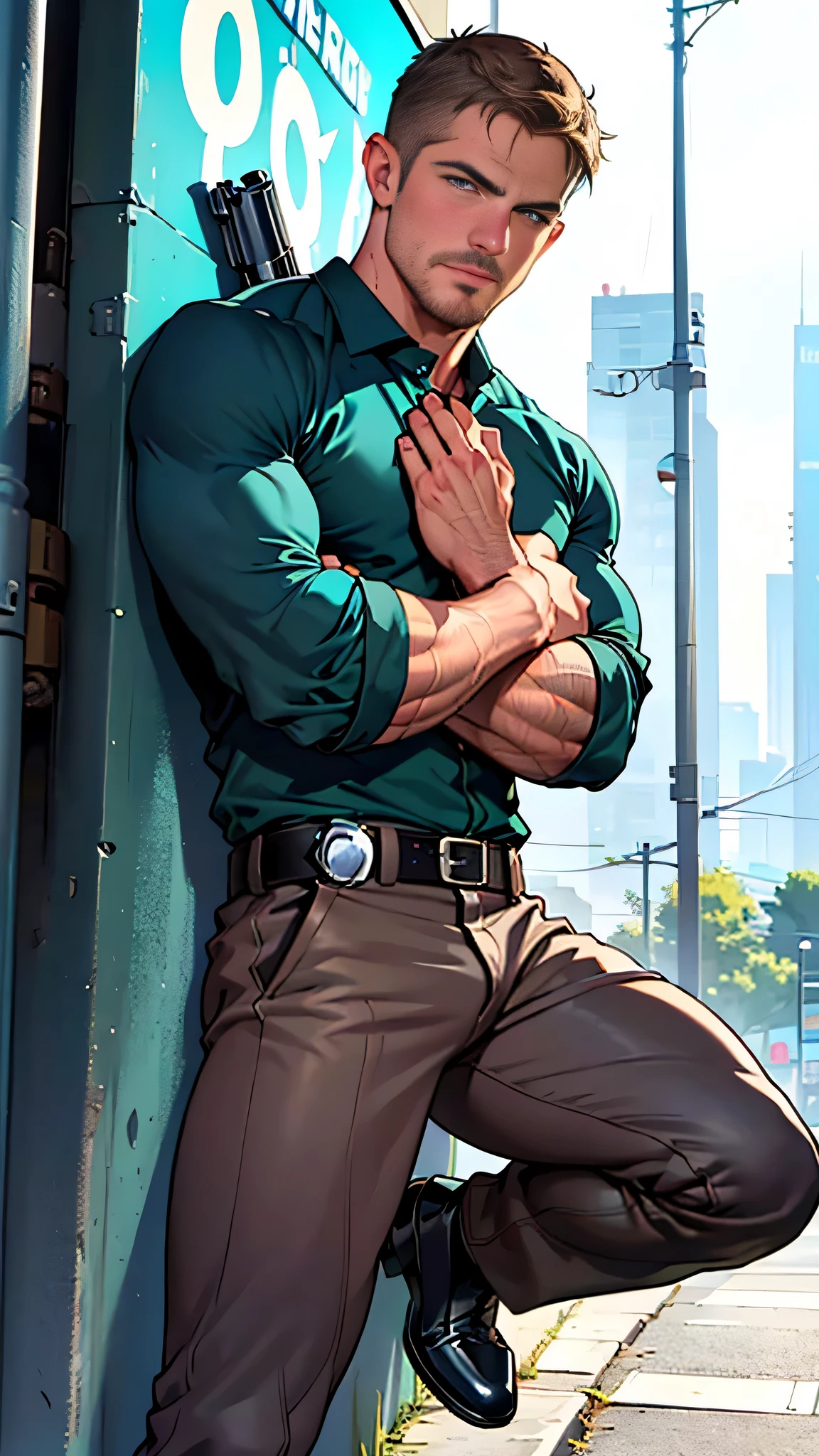 vpl,vpl,1 man, male focus solo,45 yo man, (((Stephen AMELL as private investigator))), lean muscle, open blue shirt, marine blue jeans with brown belt ,( bulge), full body shot, dark blond short hair, BLUE GREEN EYES , well groomed facial hair, (((( HANDS CROSSED , holding TWO guns IN BOTH HANDS LIKE JAMES BOND )))) (((SPREAD LEGS , VERY MANLY APPERANCE ))), ultra high quality, masterpiece, ( ever changing background, blue and white and green arabesques lines in the background)