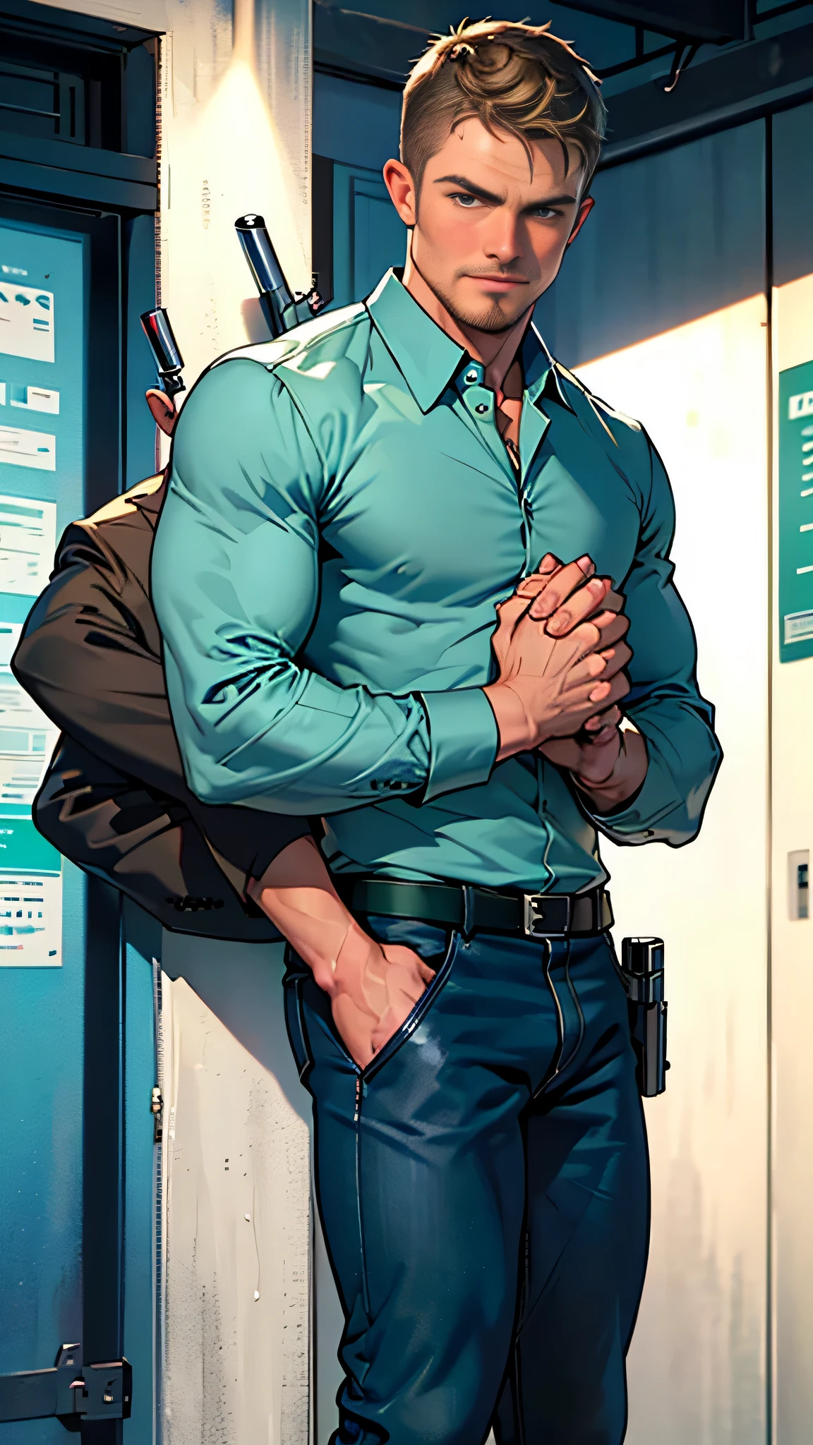 vpl,vpl,1 man, male focus solo,45 yo man, (((Stephen AMELL as private investigator))), lean muscle, open blue shirt, marine blue jeans with brown belt ,( bulge), full body shot, dark blond short hair, BLUE GREEN EYES , well groomed facial hair, (((( HANDS CROSSED , holding TWO guns IN BOTH HANDS LIKE JAMES BOND )))) (((SPREAD LEGS , VERY MANLY APPERANCE ))), ultra high quality, masterpiece, ( ever changing background, blue and white and green arabesques lines in the background)