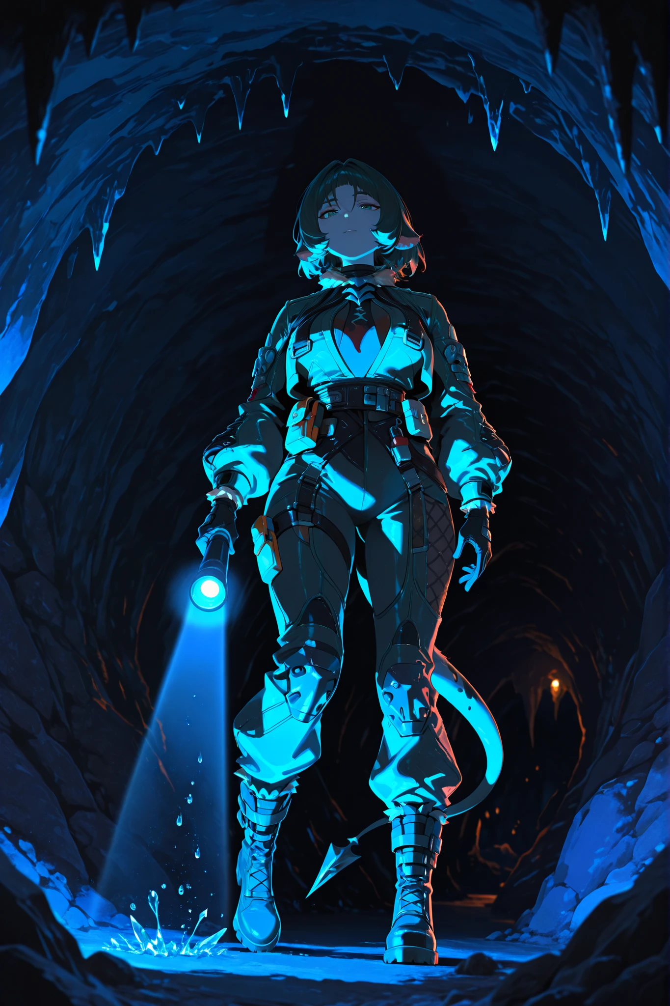 high quality, masterpiece, ultra-detailed, jane Doe, tail, ears, \(Zenless Zone Zero\), slender figure, close-up full body shot portrait, confident pose, hex pattern jumpsuit, exploration gear, (flashlight, illuminating surroundings), leather harness, utility belt with tools, rugged boots, dark subterranean cave setting, stalactites and stalagmites, crystalline formations, phosphorescent minerals casting eerie glow, deep shadows, mist wisping around feet, water droplets glistening on fur, cave opening visible in background, sense of adventure, mysterious atmosphere, professional lighting, dramatic shadows, depth perception, geological wonders, untouched cavern, underground expedition, intricate rock textures, cool color palette, volumetric lighting