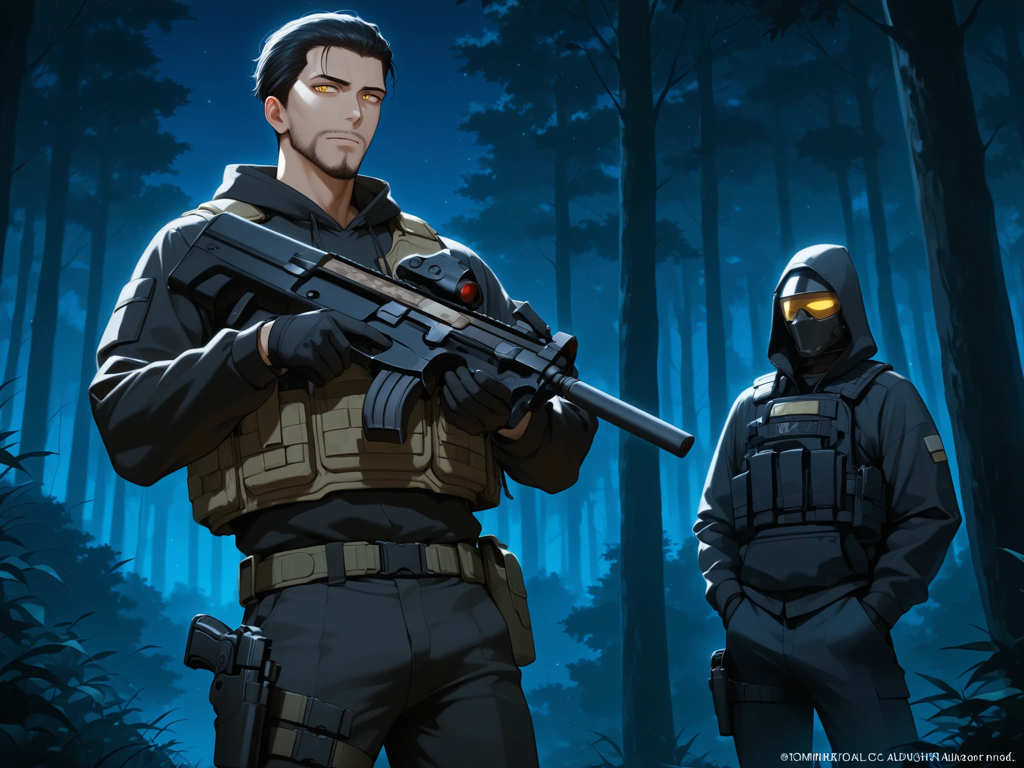 A Latino with yellow eyes and musculature hiding behind a tree while masked men search for him. He has olive skin, facial hair, and black hair in a slicked-back style. The man holds a P90 advanced automatic weapon, and he is wearing a black hoodie jacket, a black tactical vest with a thigh pistol holster attached, and olive green drab pants to add to his military appearance. The background reveals a dense forest, set against a night sky, P90,