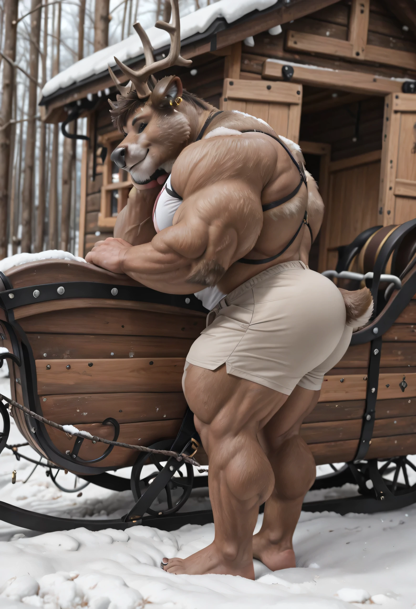 score _9, score _8_Up, score _7_Up, masterpiece, best quality, amazing quality, high quality, RAW photo, (Photorealistic Style), full body, (Perfectly Correct Anatomy). (furry), 1boy, (Huge Adult Male muscular bara Cervine Reindeer Doplh from Fortnite), (Brown and Light Brown Fur Body:1.4), Brown and Light Brown Fur:1.6, Small Bushy Fluffy Brown and Light Brown Reindeer Tail:1.5, Realistic Detail Fur:1.5, Huge Bulging veiny muscle, Massive bodybuilder physique, huge bulging pectoral, huge broad chest, huge Wide Shoulders, huge bulging abs, Huge wide back. (Realistic Detail Amber Eyes), Black Sclera:1.4, Realistic Detail Bara Cervine Chiseled Male Reindeer Handsome Rugged Doplh Face:1.8, strong square jawline, chiseled cheekbones, tough appearance, Huge muscular butt:2. Nipple Piercings, ear piercings, rings, realistic human hands, (Natural Soles of Feet Color:1.2), (5 fingers), Realistic human feet, (5 toes), (Natural Soles of Feet Color:1.2), Black Fingernails, (huge size 25 feet), (10 feet tall). In a Realistic Snowy Forest Near A Wooden Cabin, solo, (facing to the side of the viewer:1.8, side view:1.8), (lying on his back), on his back, hand on his own cheek, showing his feet, feet focus, focus face, close up face, smug smirk. wearing a tight Khaki cheeky jean shorts, wearing a tight leather full body sleigh harness with sleigh bells:1.5, Uncensored.