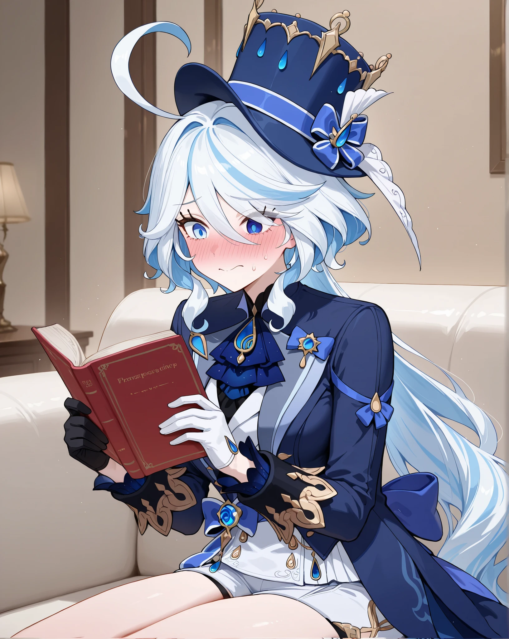 Furina \Genshin Impact\, long hair, white hair, blue eyes,
blue headwear, top hat,
blue jacket, long sleeves,
blue tailcoat,
white vest,
assymetrical gloves,
white shorts,
embarassed, cute expression, solo,
reading book, heavily blushing, sitting on sofa,
luxurious room,
1 beautiful girl,
Masterpiece, best quality, amazing quality, newest, very aesthetic, absurdres, slender body, anime style, aged up, mature female, womanly,