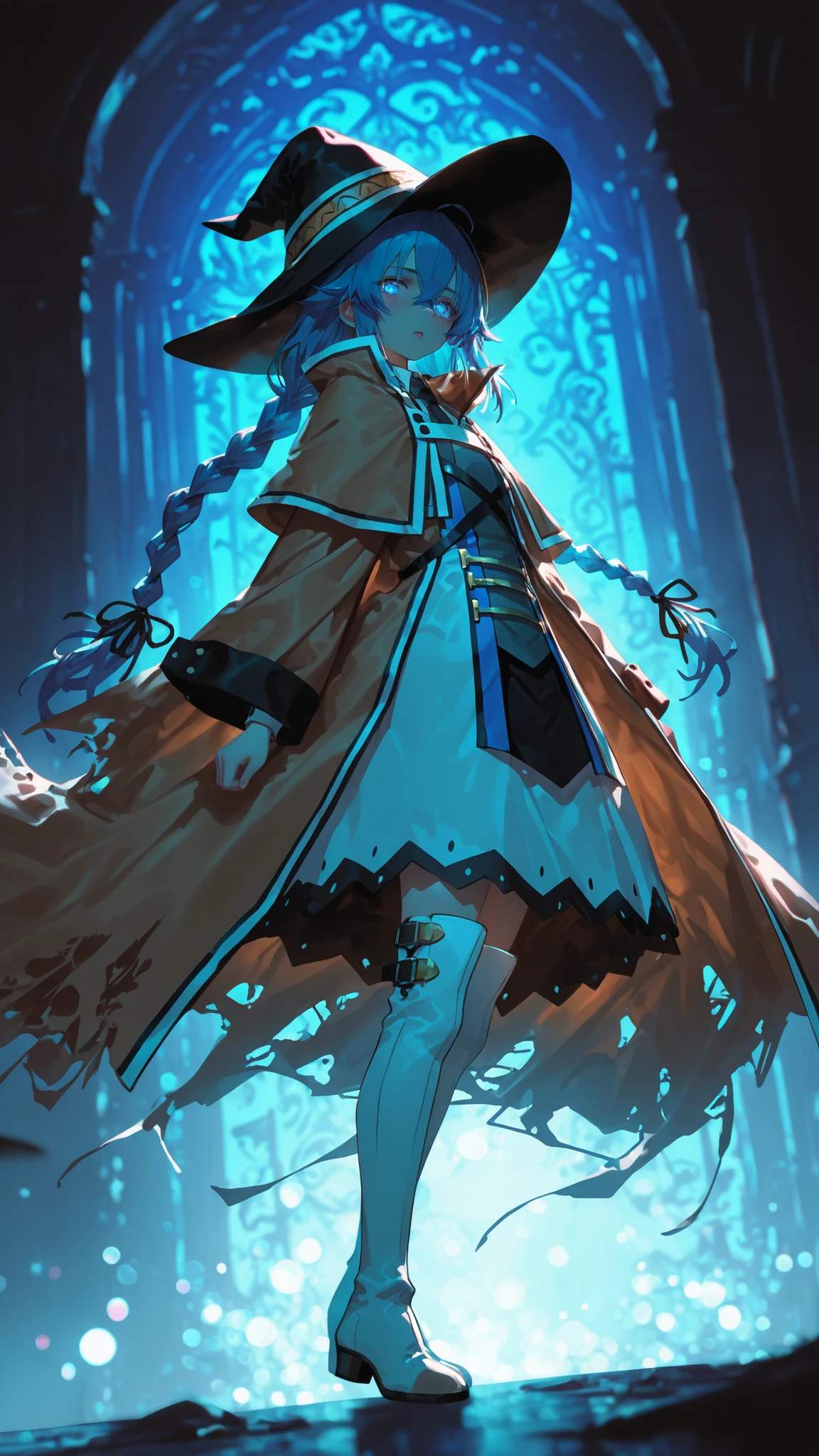 1girl, u u zan, Masterpiece, amazing quality, 8k, ultra detailed, refined details, chill, high resolution, HD, masterwork, digital illustration, 7481llu, LDSCH, dynamic pose, glowing eyes,, dynamic angle, crisp outlines, vibrant colors, soft shading, bright lighting, ultra-detailed, high contrast, backlighting, bokeh, volumetric lighting, lipstick, blurry, depth of field, absurdres, best quality, newest, very aesthetic,Roxy migurdia, roxy migurdia, 1girl, long hair, crossed bangs, twin braids, blue hair, long hair, blue eyes, RoxyRobe, black witch hat, brown robe, black necktie, buttons, long sleeves, white skirt, thigh boots, white boots, (blush:0.8), gorgeous, looking at viewer, (full body:0.7), wind, from side,