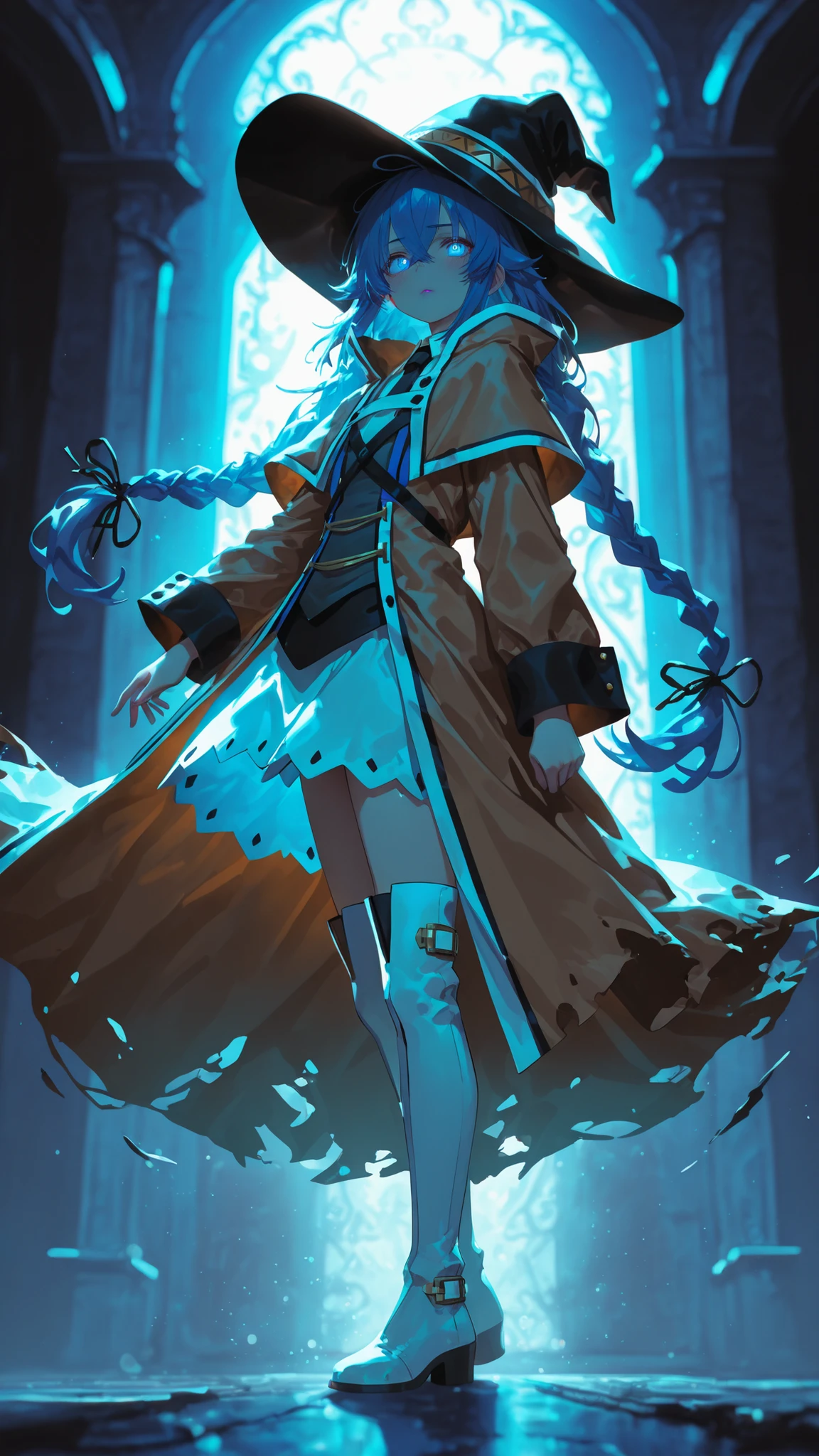 1girl, u u zan, Masterpiece, amazing quality, 8k, ultra detailed, refined details, chill, high resolution, HD, masterwork, digital illustration, 7481llu, LDSCH, dynamic pose, glowing eyes,, dynamic angle, crisp outlines, vibrant colors, soft shading, bright lighting, ultra-detailed, high contrast, backlighting, bokeh, volumetric lighting, lipstick, blurry, depth of field, absurdres, best quality, newest, very aesthetic,Roxy migurdia, roxy migurdia, 1girl, long hair, crossed bangs, twin braids, blue hair, long hair, blue eyes, RoxyRobe, black witch hat, brown robe, black necktie, buttons, long sleeves, white skirt, thigh boots, white boots, (blush:0.8), gorgeous, looking at viewer, (full body:0.7), wind, from side,