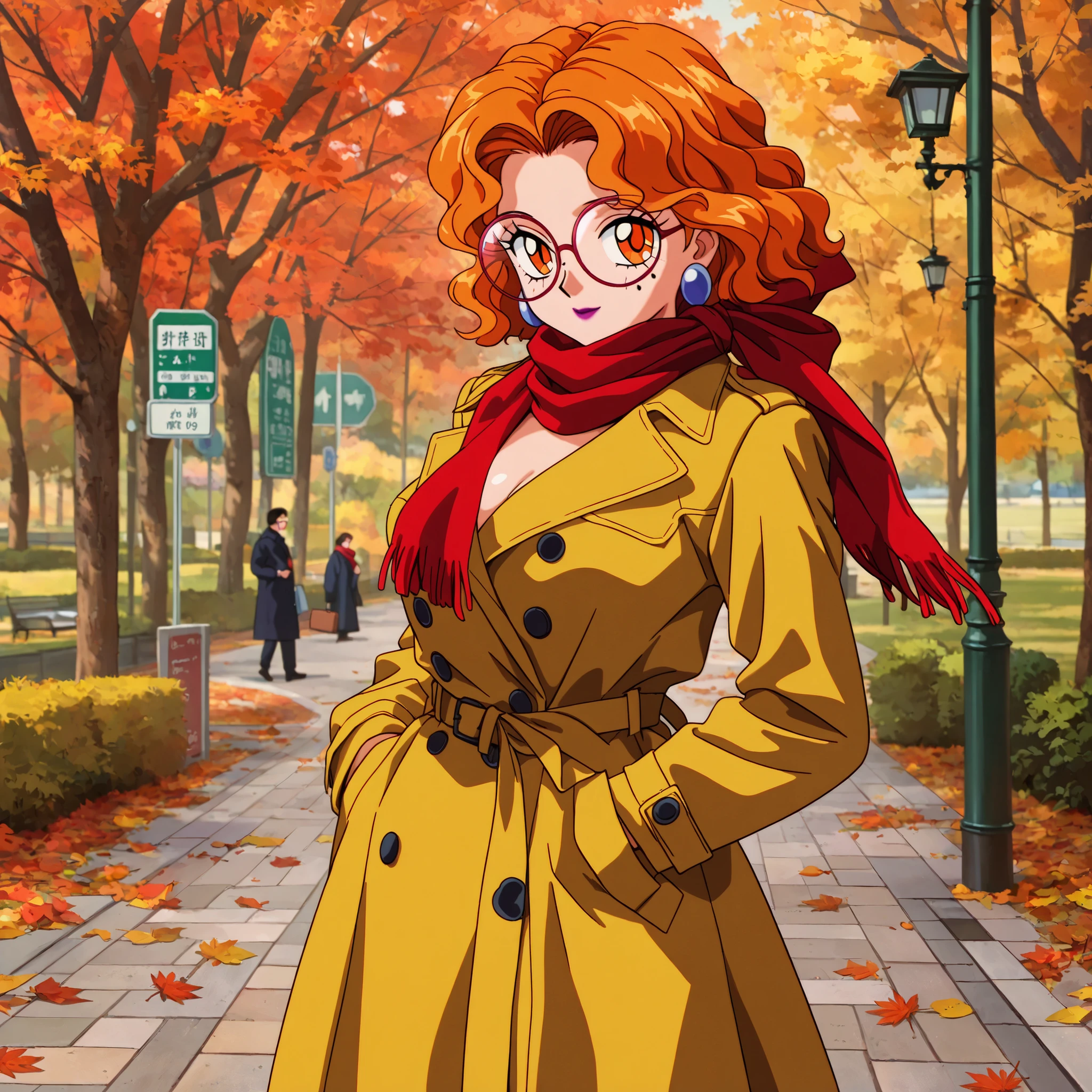 masterpiece, amazing quality, best quality, ultra-detailed, 8K, illustration, ultra-detailed-eyes, soft skin, very awa, very as2, soft body, 1990s \(style\), official art, Mimete, medium breasts, earrings, orange hair, orange eyes, makeup, lipstick, glasses, in the park, autumn, yellow street coat, closed coat, red glasses, red wrapped scarf od head, cowboy shot