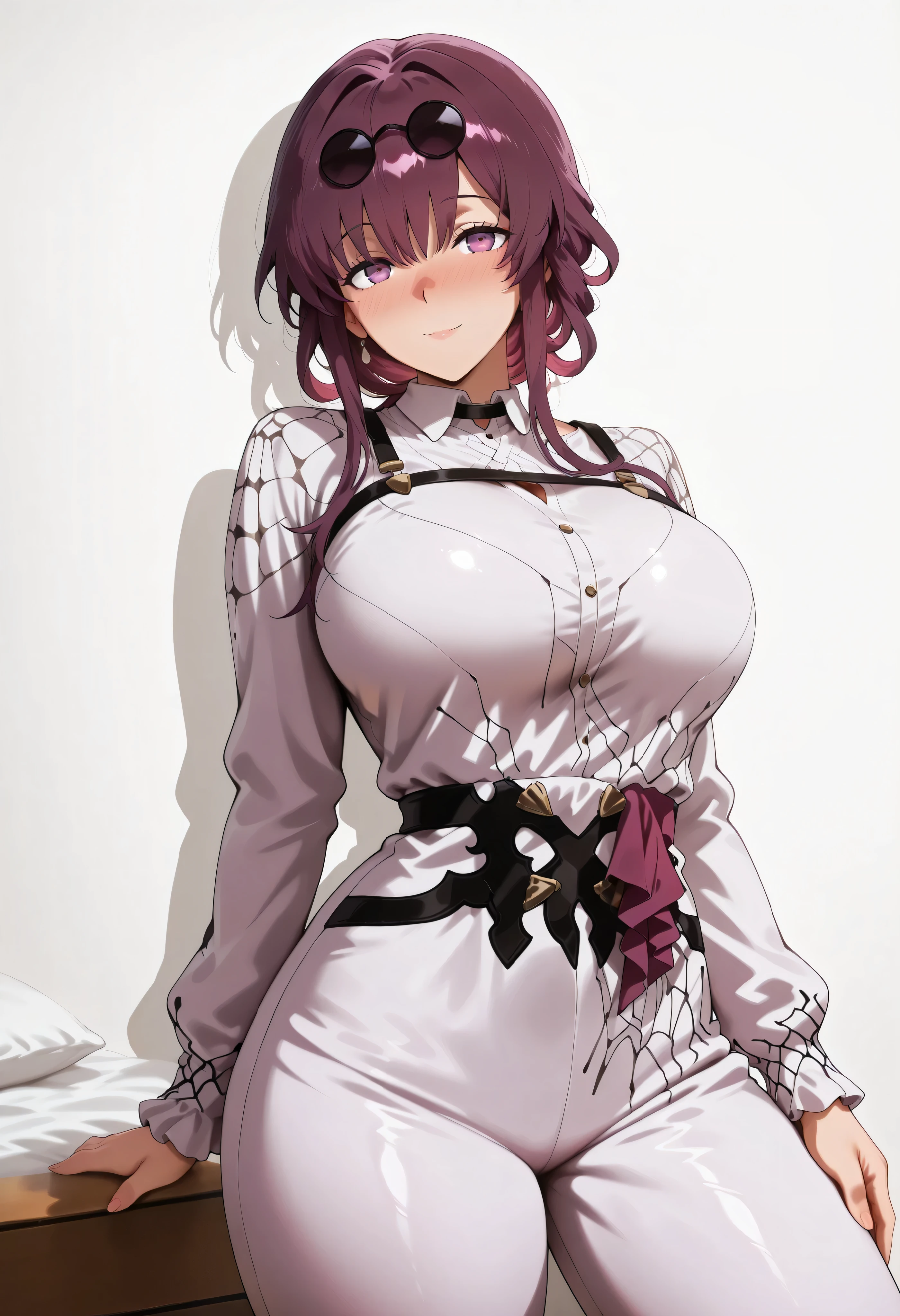 score_9, score_8_up, score_7_up, score_6_up, score_5_up, score_4_up, masterpiece, high quality, shiny skin, shiny hair, shiny body, clear body, large breasts, nose blush, nice legs, standing, nice legs, posing, SFW, looking at viewer, thick thigh, thick thighs, nice face, large breasts, solo, , kafka, eyewear on head, round eyewear, purple eyes, purple hair, long hair, large breasts, large breasts, anime screencap, bedroom, posing, pose, contrapposto, white background, simple background, pants, pants, fully pants, ht_pajamas,laces